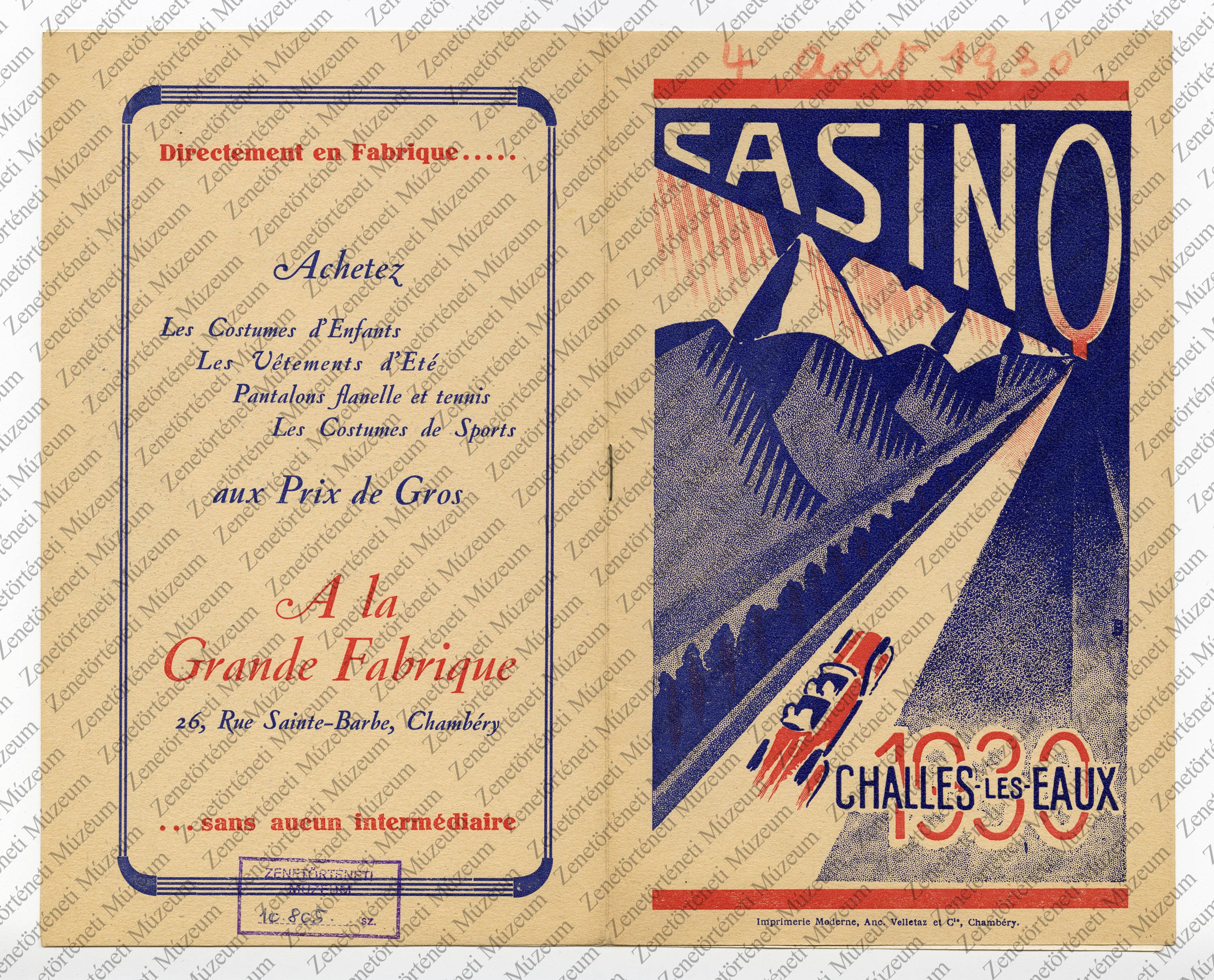 A Casino Challes-les-Eaux 1930-as műsorfüzete, benne Rácz Aladár fellépése (Zenetörténeti Múzeum CC BY-NC-SA)