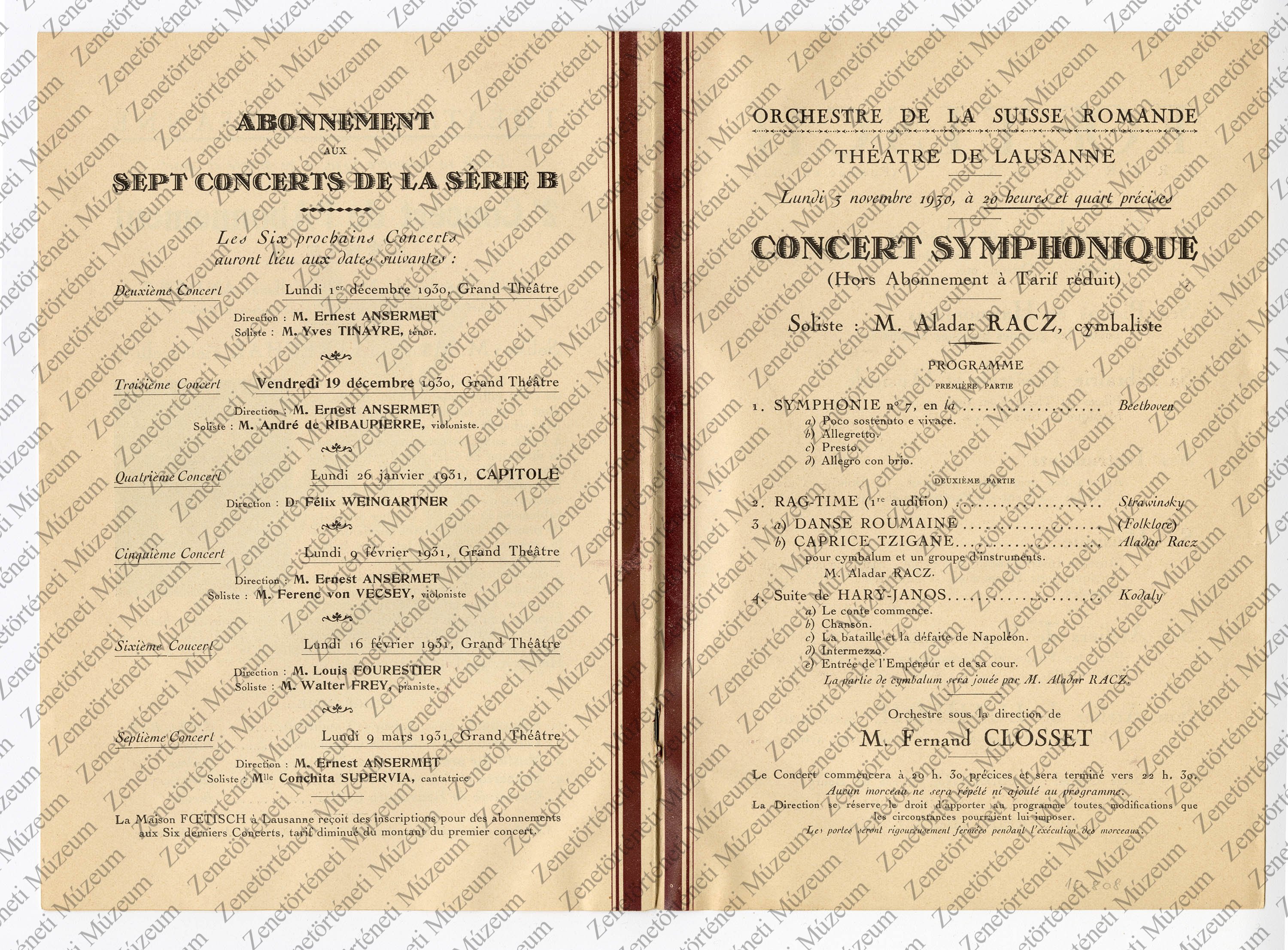 Az Orchestre de la Suisse Romande műsorfüzete, 1930. nov. (2) (Zenetörténeti Múzeum CC BY-NC-SA)