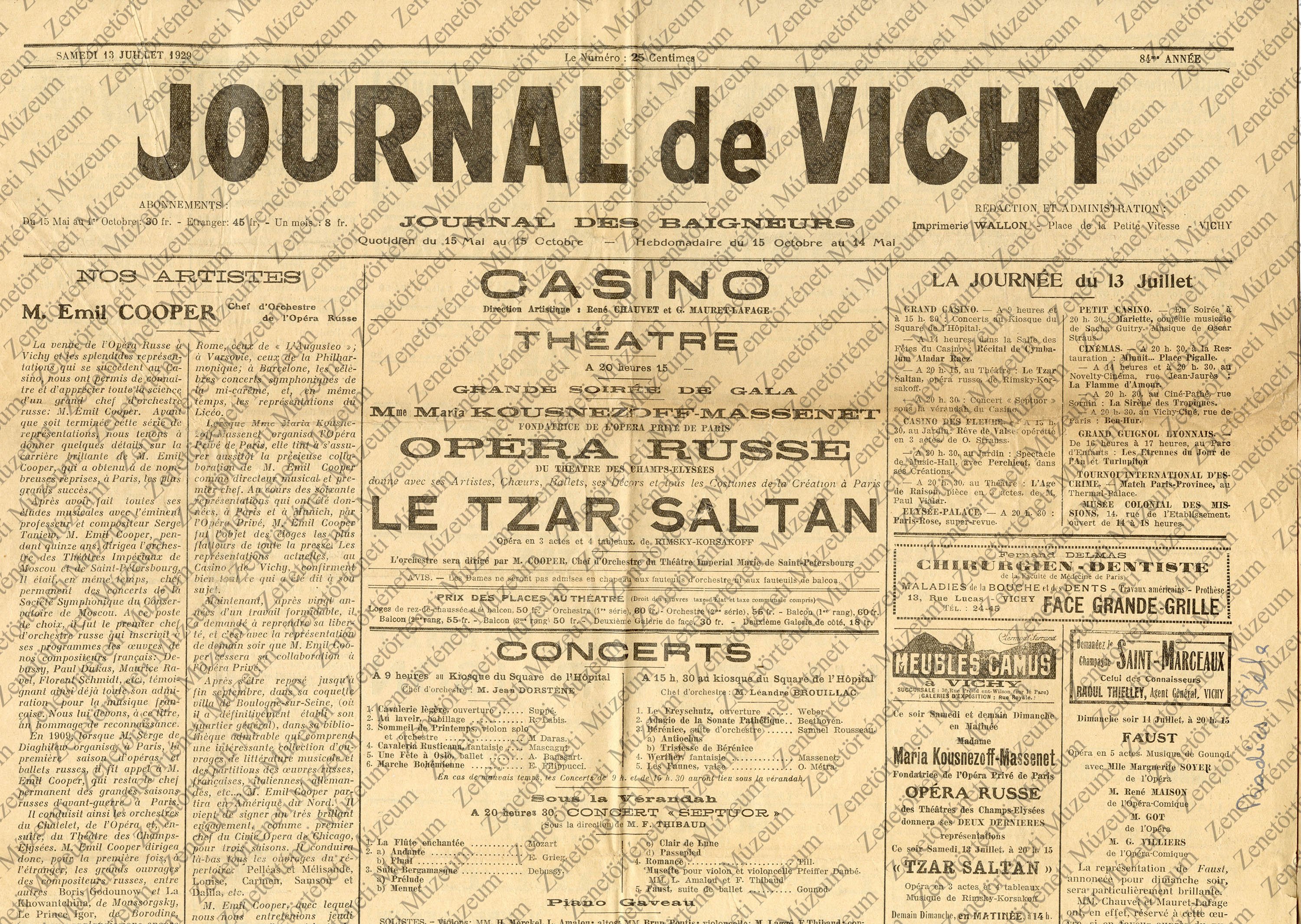 Journal de Vichy 1929. júl. 13. (Zenetörténeti Múzeum CC BY-NC-SA)