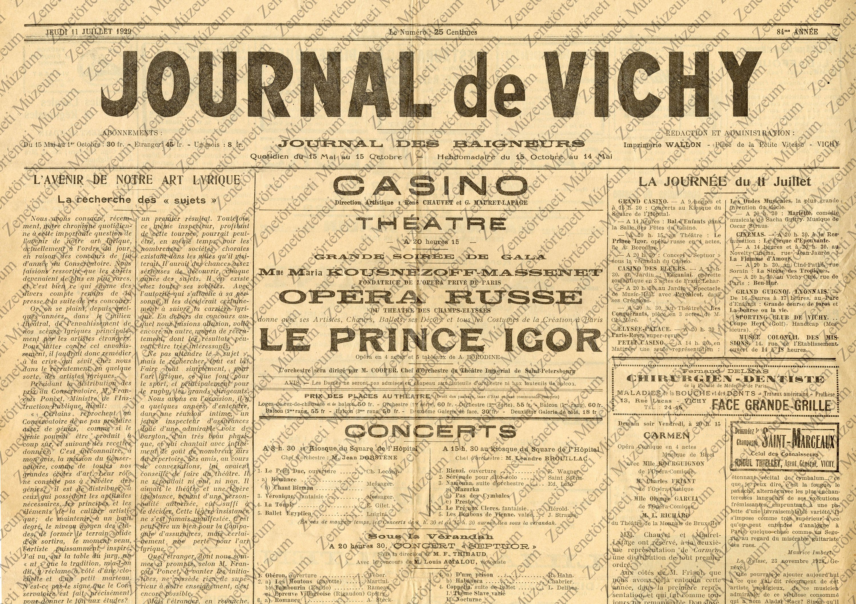 Journal de Vichy 1929. júl. 11. (Zenetörténeti Múzeum CC BY-NC-SA)