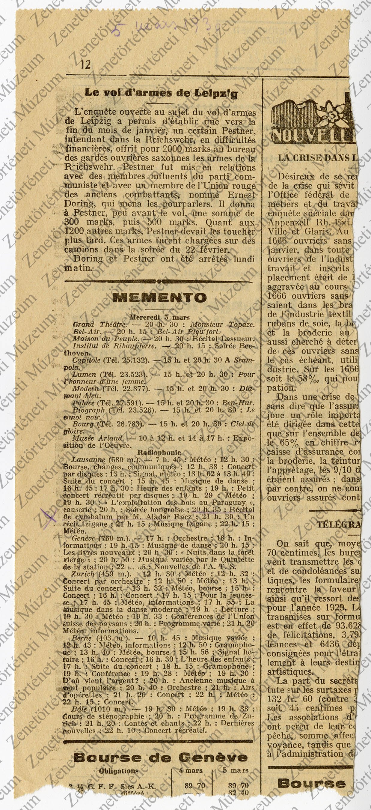 A lausanne-i Rádió 1930. márc. 5-i műsora (Zenetörténeti Múzeum CC BY-NC-SA)