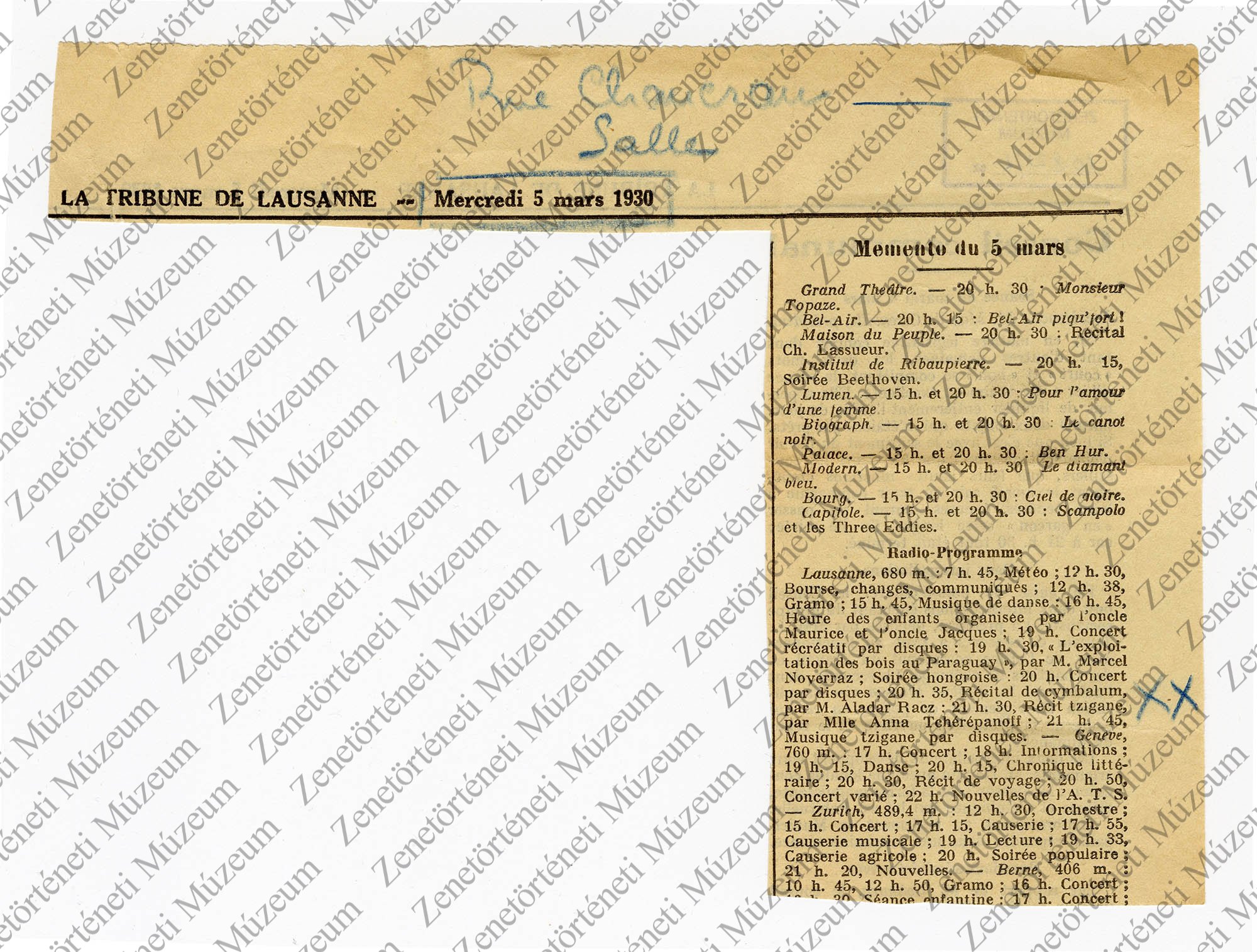 La Tribune de Lausanne 1930. márc. 5. újságkivágat (Zenetörténeti Múzeum CC BY-NC-SA)