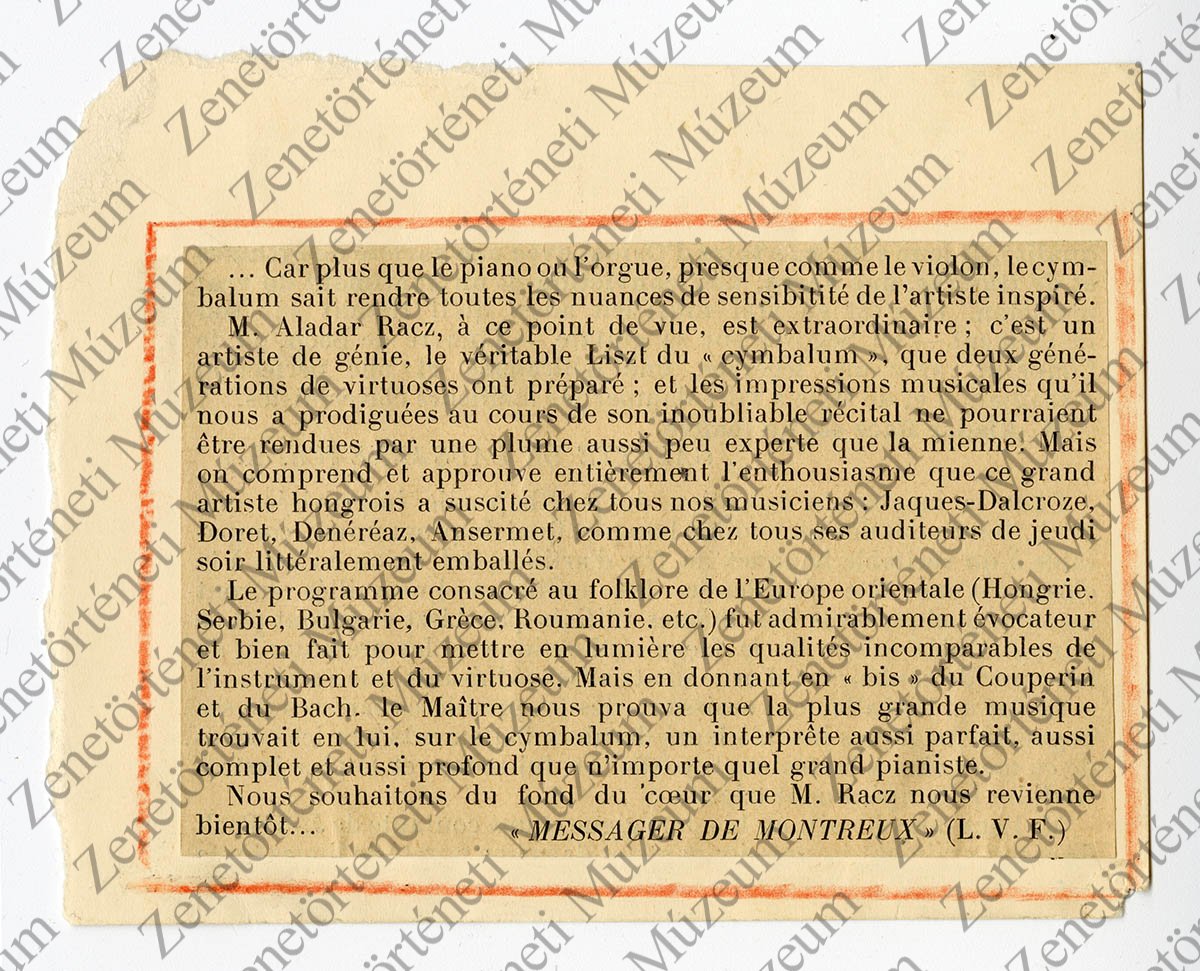 papírra ragasztott újságkivágat francia nyelven (Zenetörténeti Múzeum CC BY-NC-SA)