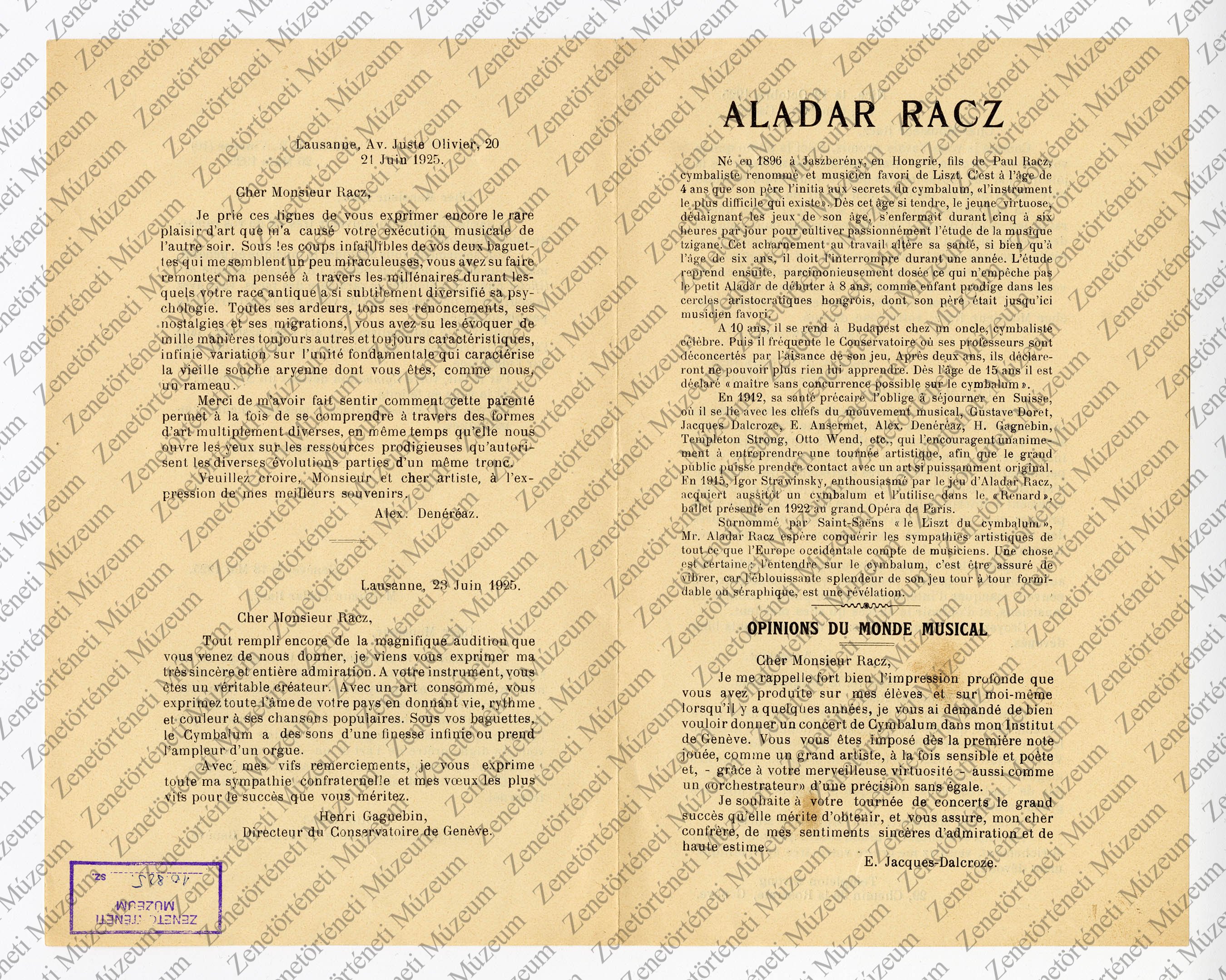 Rácz Aladár rövid életrajza franciául, valamint hozzá írt levelek válogatása (Zenetörténeti Múzeum CC BY-NC-SA)