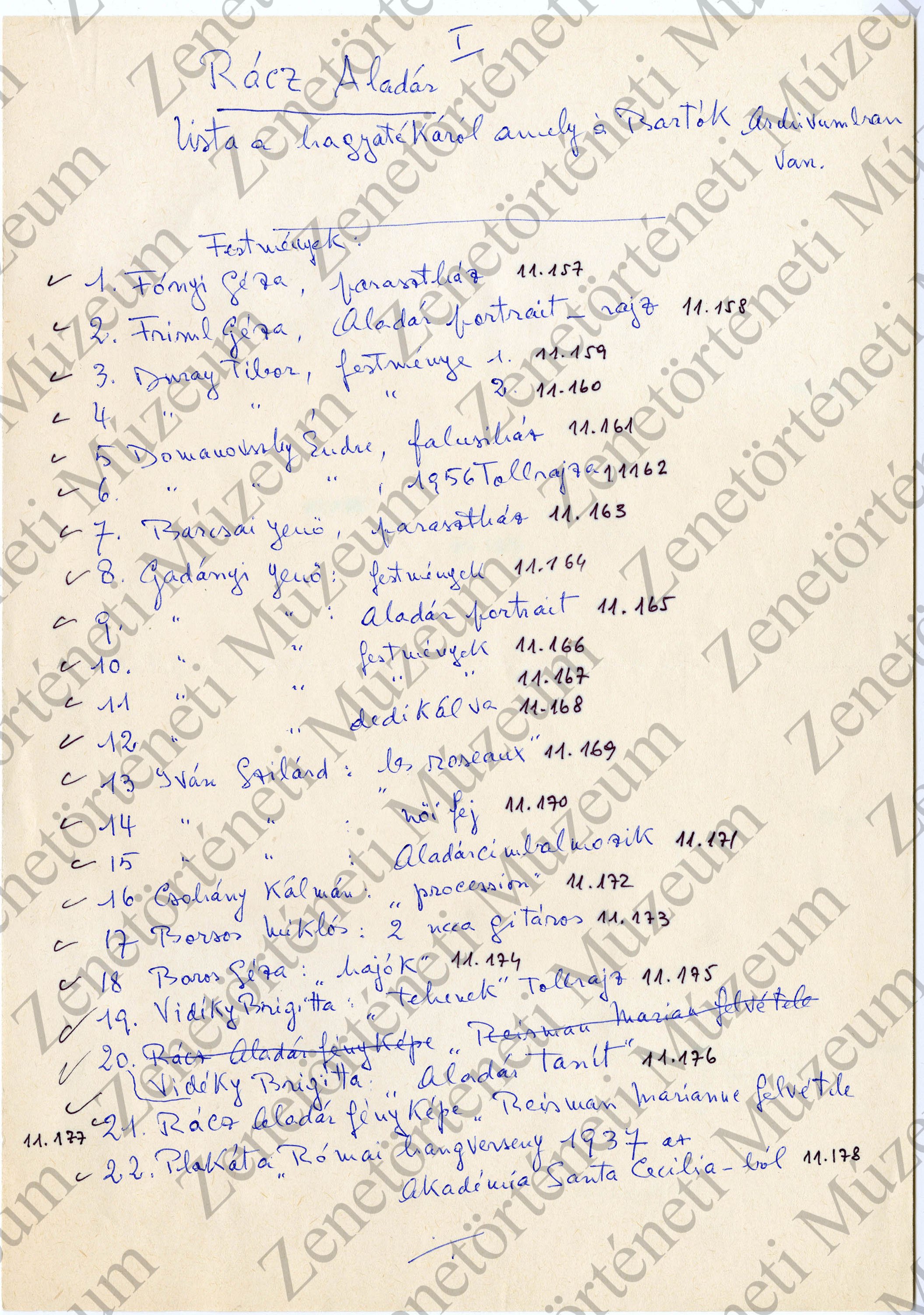 Rácz Aladár hagyatékának listája, 1990-ben átadott anyag (Zenetörténeti Múzeum CC BY-NC-SA)