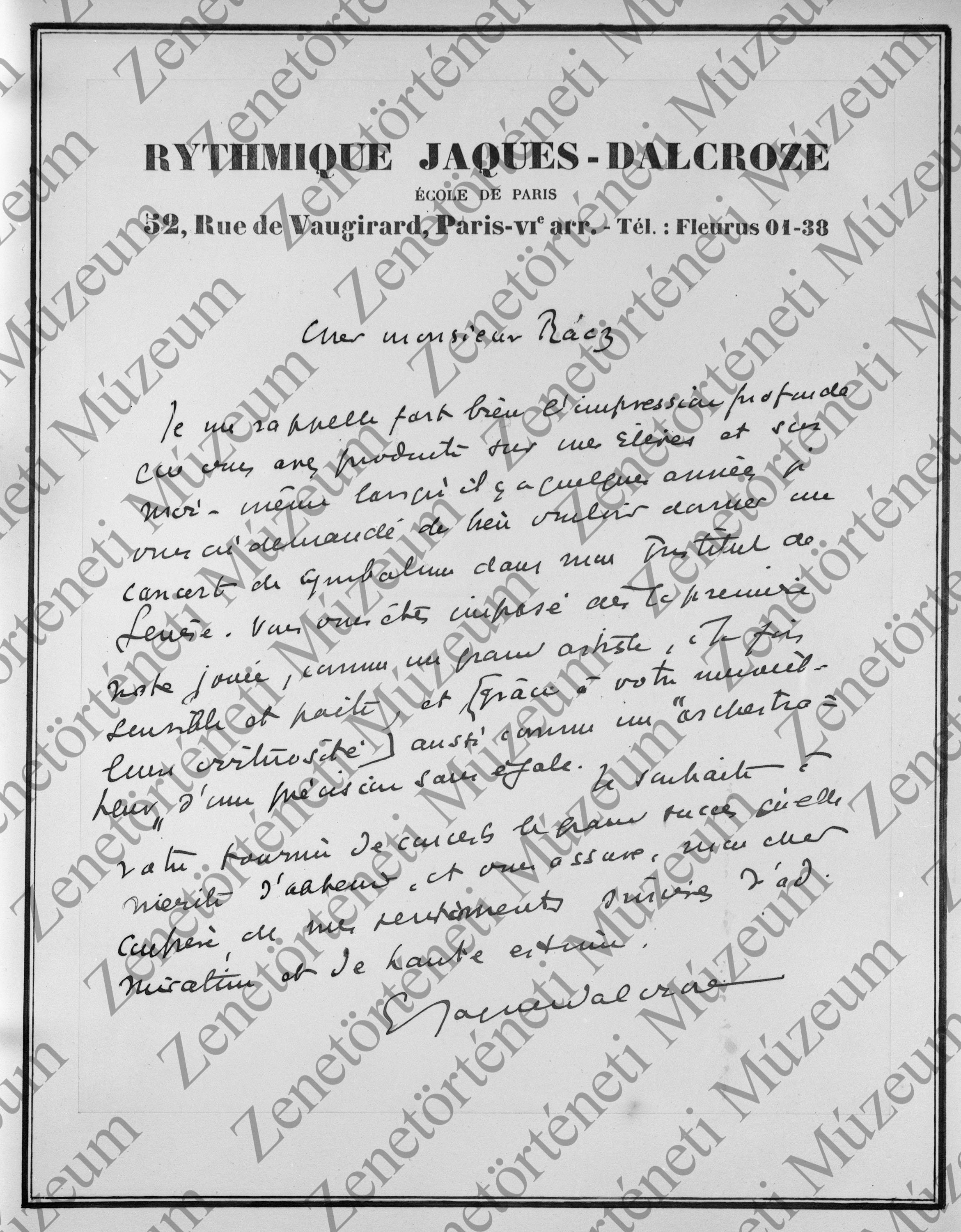 Émile Jacques-Dalcroze Rácz Aladárnak írt levele (Zenetörténeti Múzeum CC BY-NC-SA)