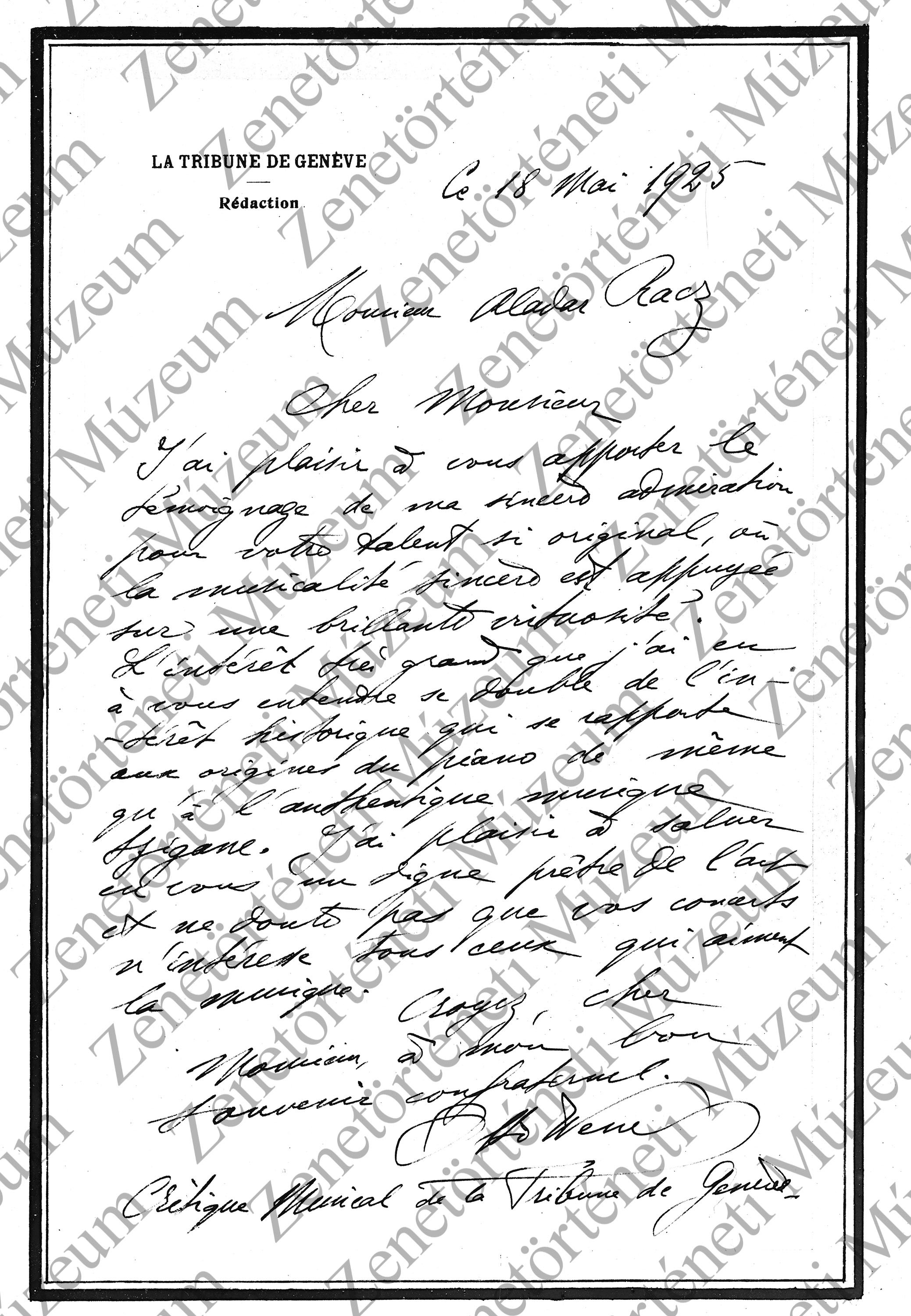 Otto Wend levele Rácz Aladárnak, 1925 (Zenetörténeti Múzeum CC BY-NC-SA)