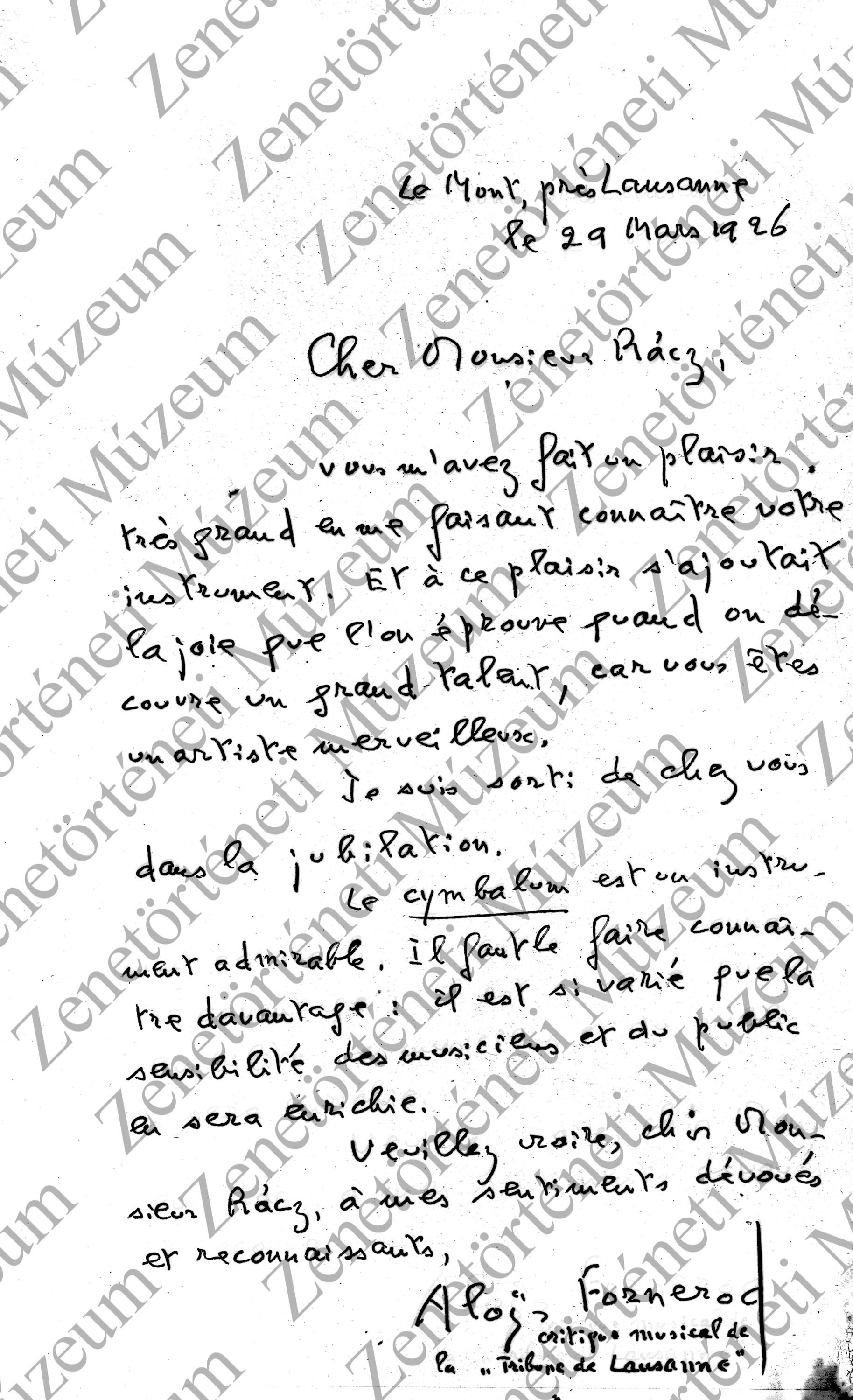Aloys Fornerod Rácz Aladárhoz írott levele (Zenetörténeti Múzeum CC BY-NC-SA)