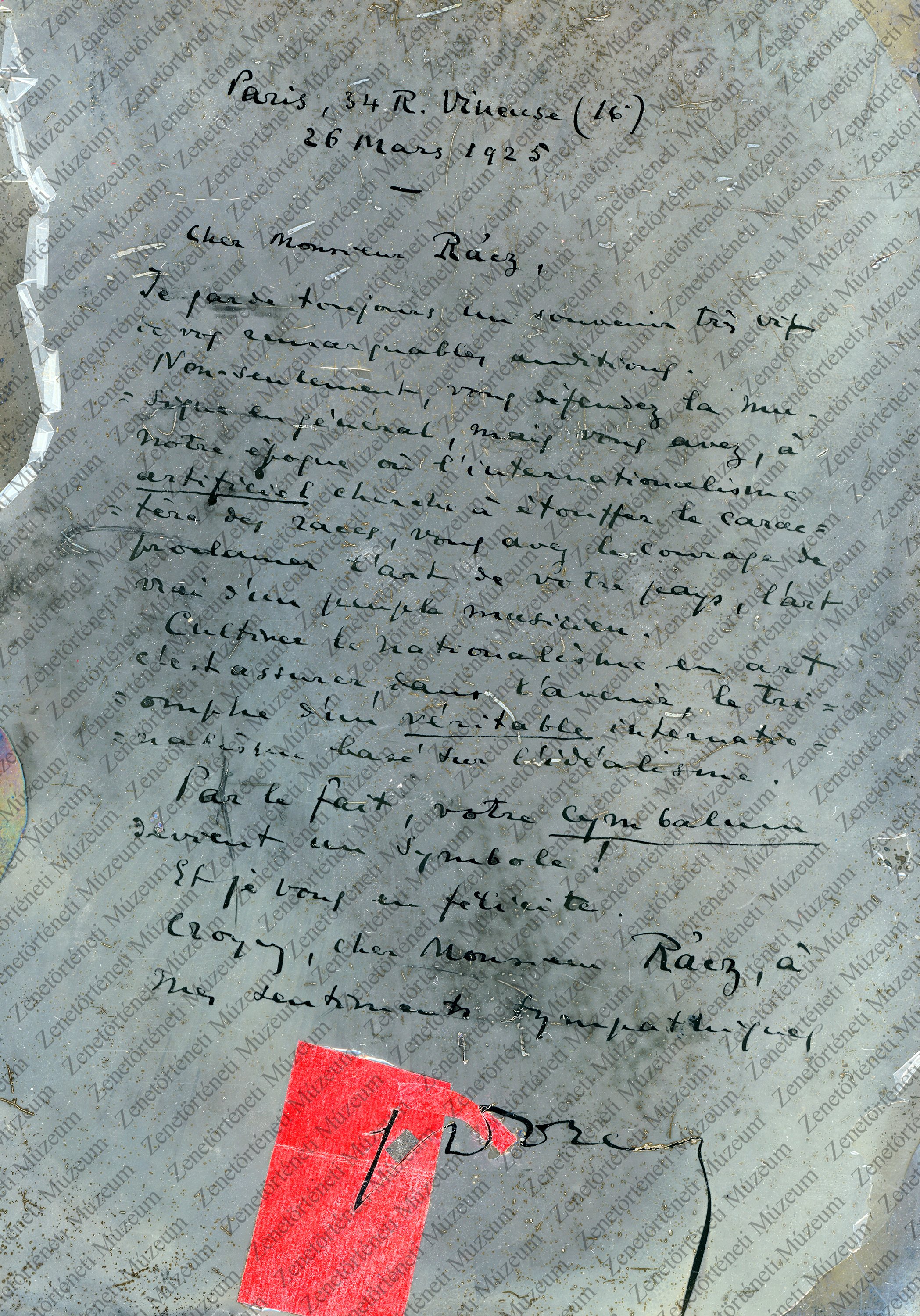 Gustave Doret Rácz Aladárnak írott levele, 1925 (Zenetörténeti Múzeum CC BY-NC-SA)