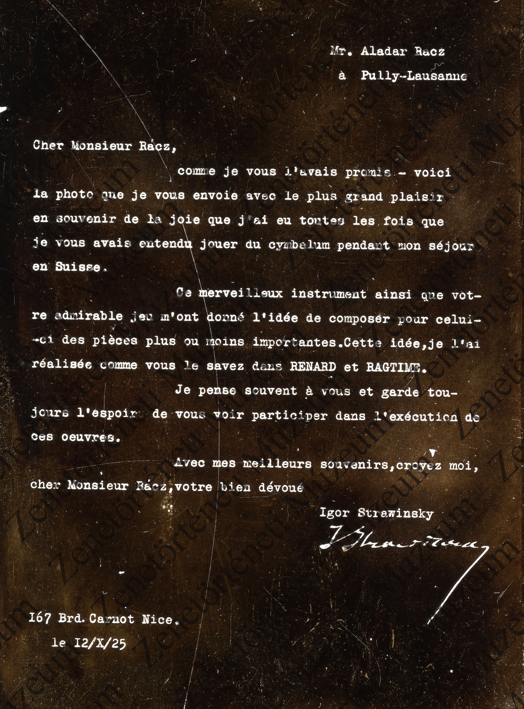 Igor Stravinsky Rácz Aladárnak írott levele, 1925 (Zenetörténeti Múzeum CC BY-NC-SA)