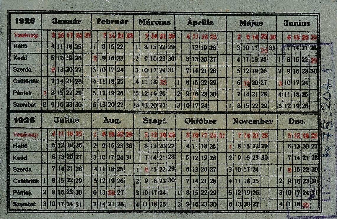 kártyanaptár 1926 (Magyar Kereskedelmi és Vendéglátóipari Múzeum CC BY-NC-SA)