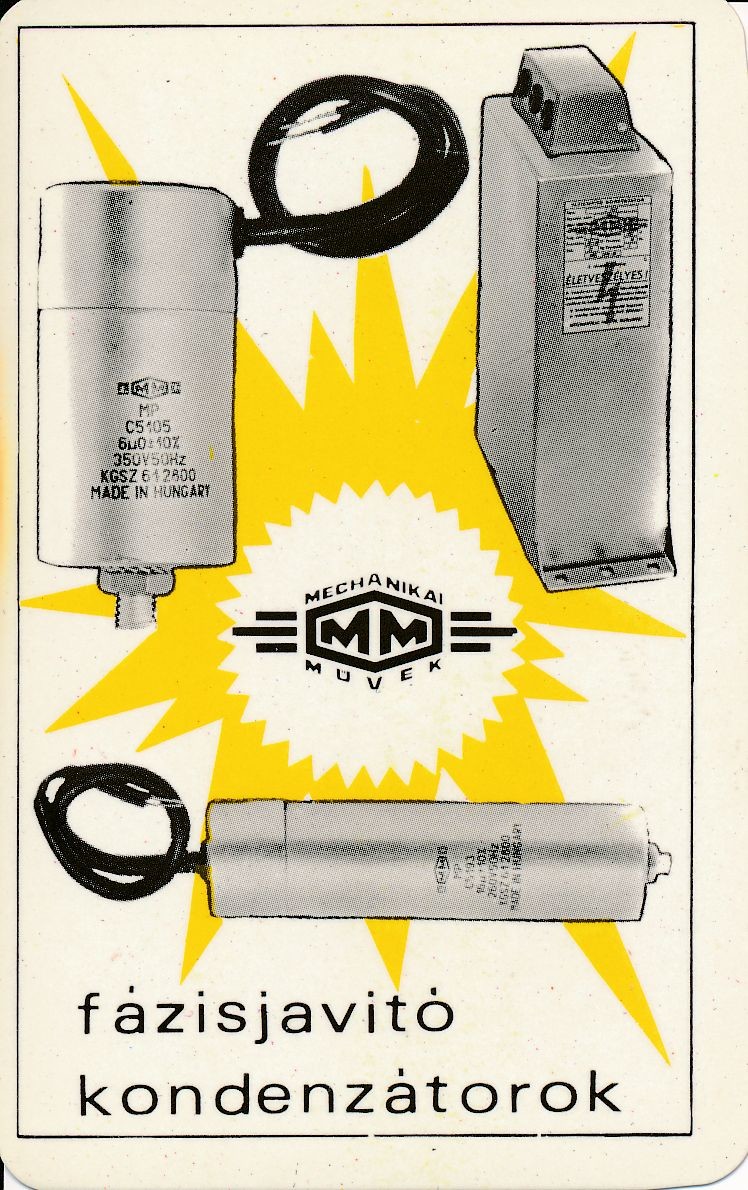 Mechanikai Művek fázisjavító kondenzátorok kártyanaptár 1972 (Magyar Kereskedelmi és Vendéglátóipari Múzeum CC BY-NC-SA)