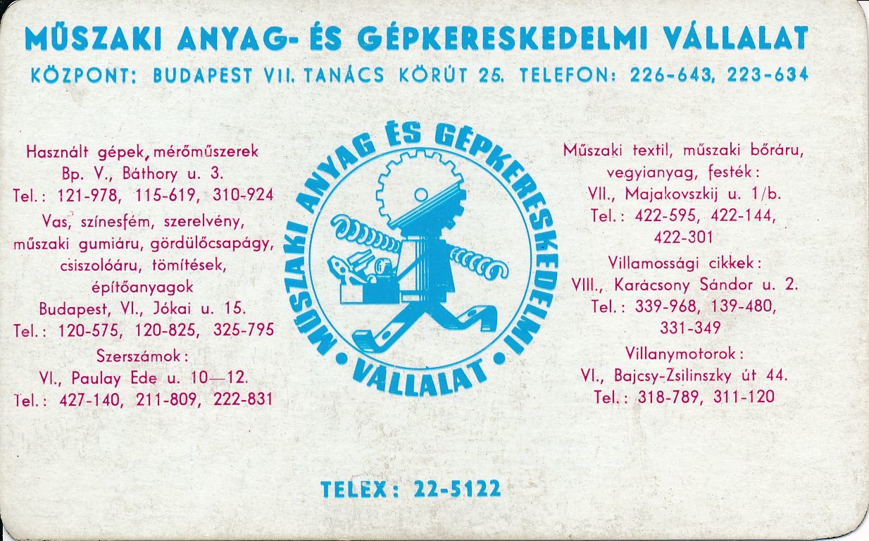 Műszaki Anyag és Gépkereskedelmi Vállalat kártyanaptár 1972 (Magyar Kereskedelmi és Vendéglátóipari Múzeum CC BY-NC-SA)