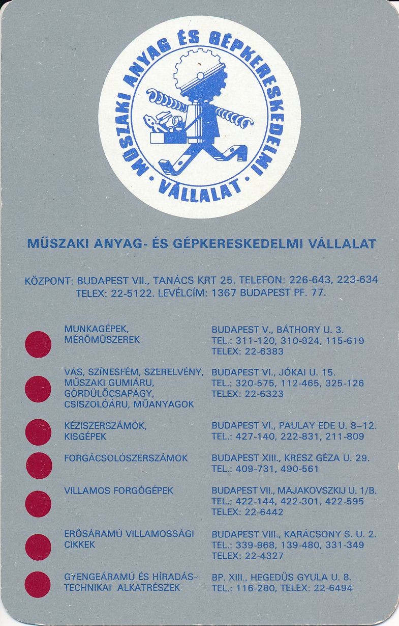 Műszaki Anyag és Gépkereskedelmi Vállalat kártyanaptár 1980 (Magyar Kereskedelmi és Vendéglátóipari Múzeum CC BY-NC-SA)