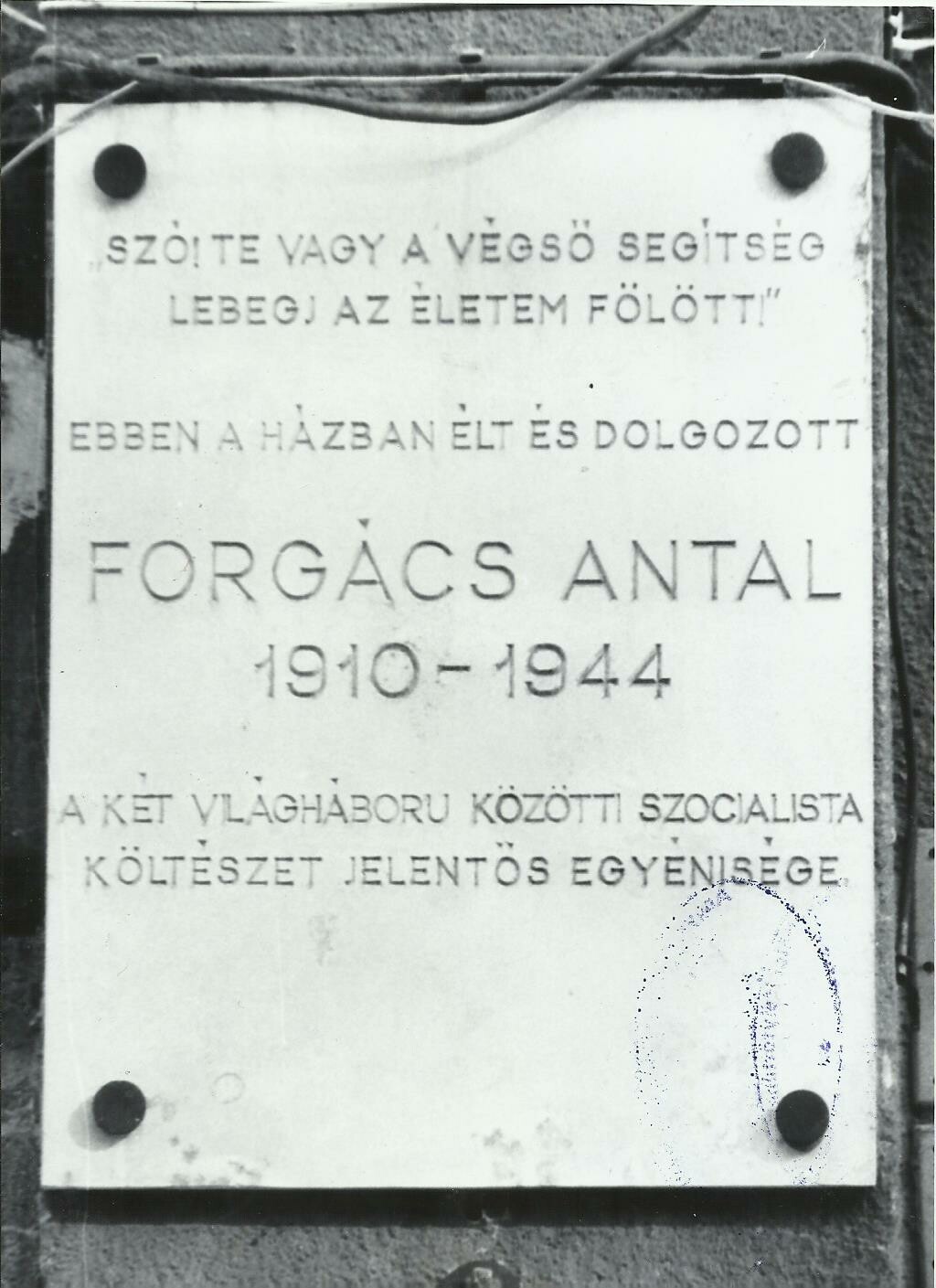 Forgács Antal emléktábla (Angyalföldi Helytörténeti Gyűjtemény CC BY-NC-SA)