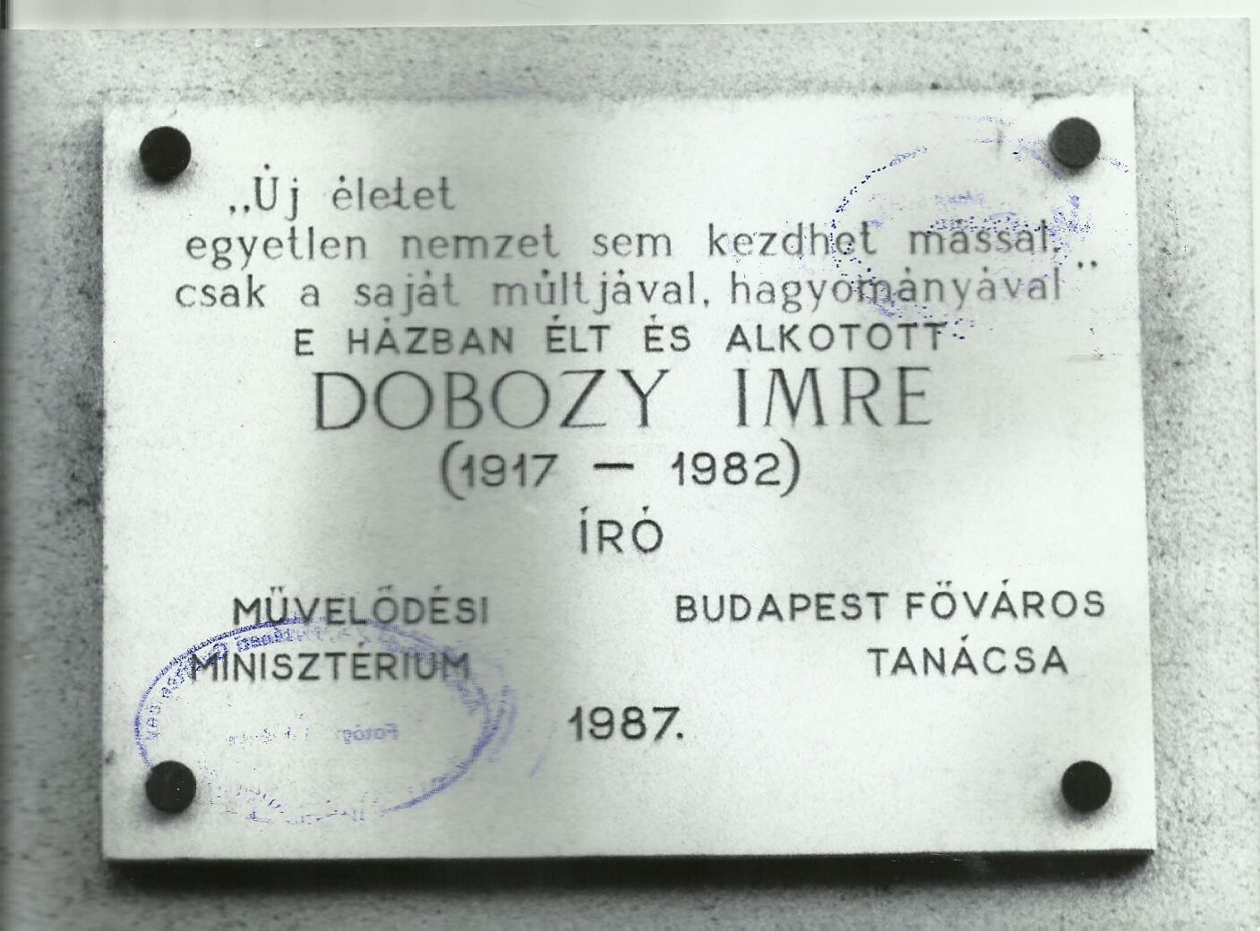 Dobozy Imre emléktábla (Angyalföldi Helytörténeti Gyűjtemény CC BY-NC-SA)