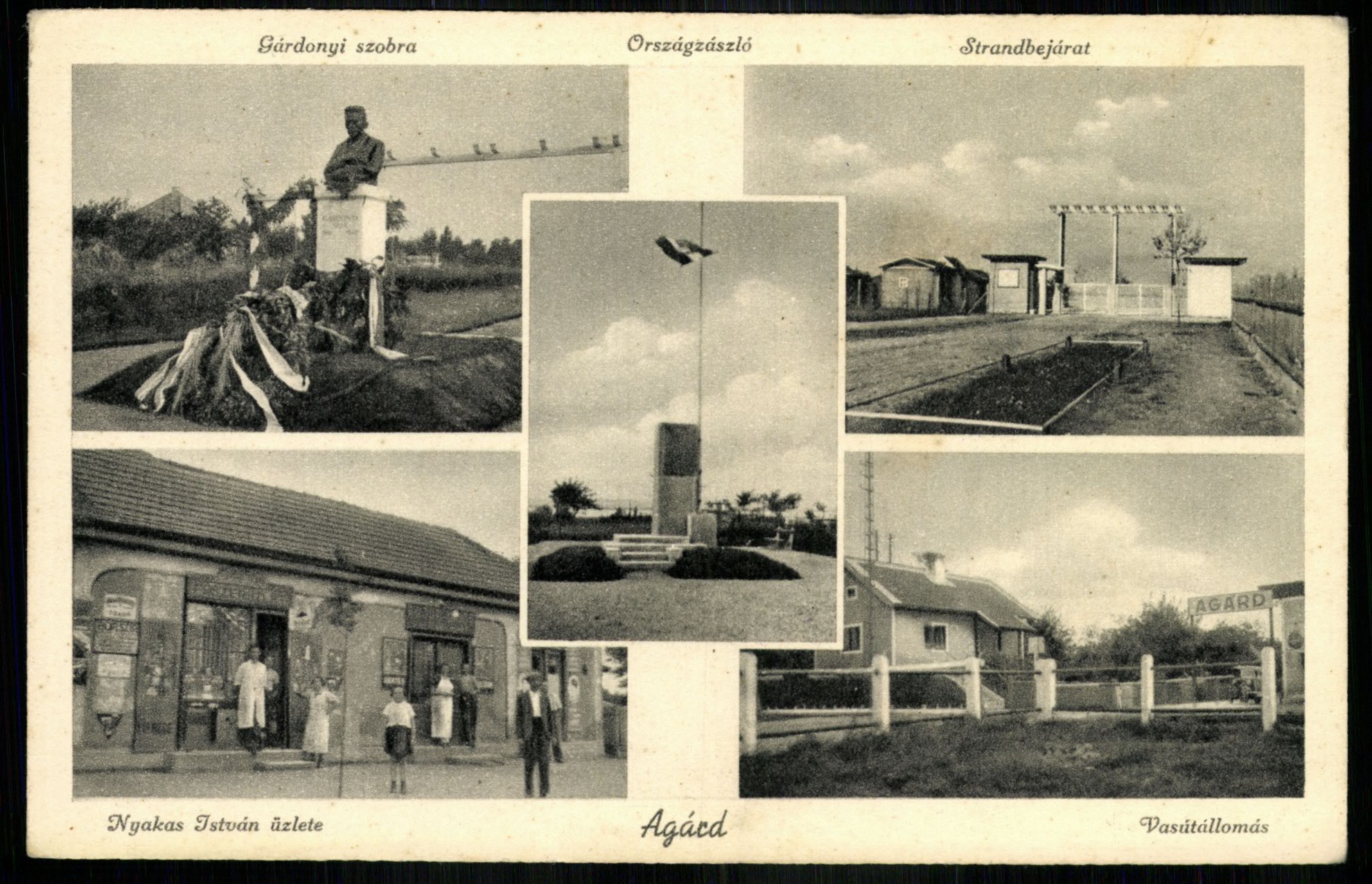 Agárd; Gárdonyi szobra; Országzászló; Strand bejárat; Nyakas István üzlete; Vasútállomás (Magyar Kereskedelmi és Vendéglátóipari Múzeum CC BY-NC-ND)