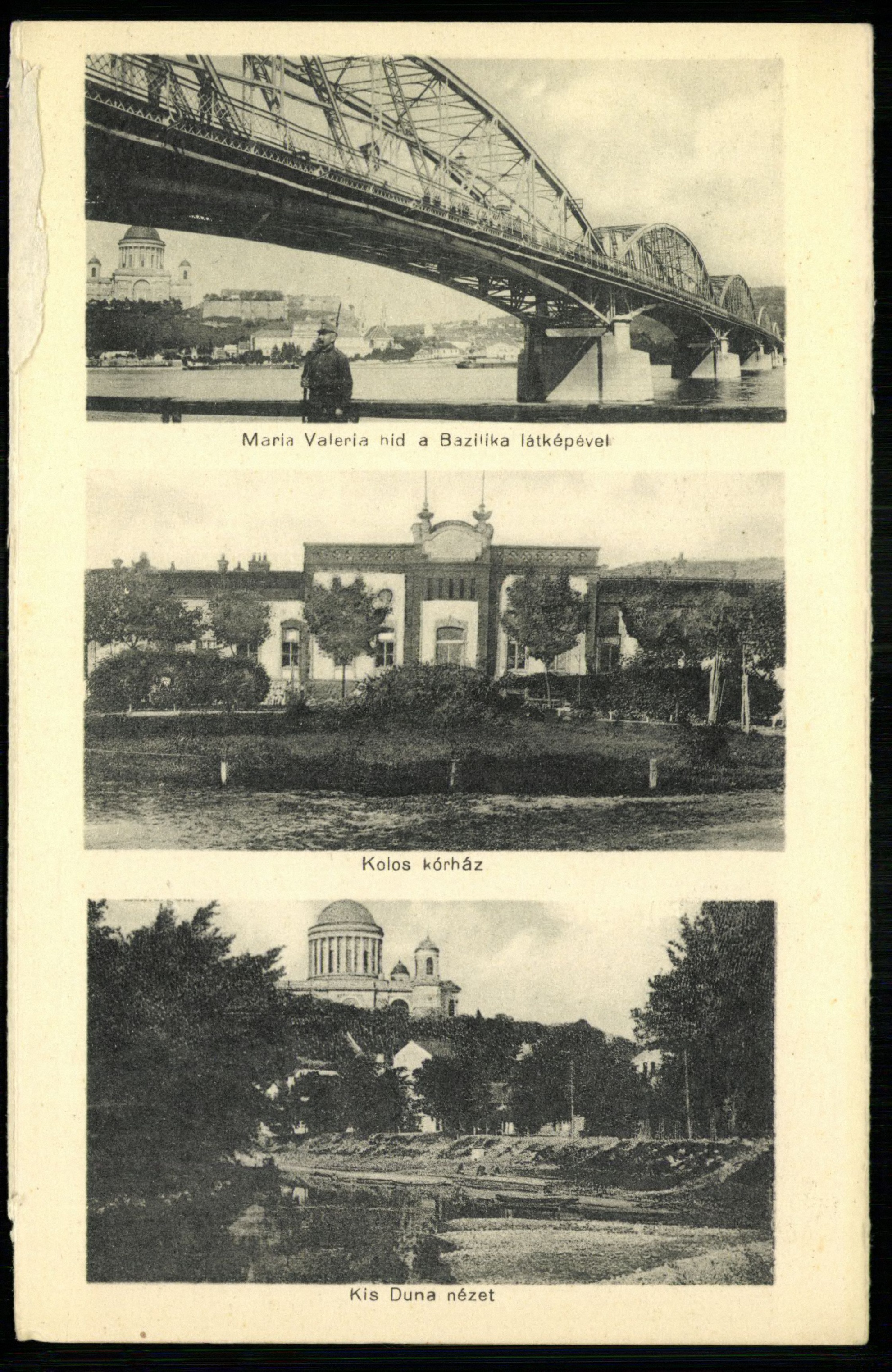 Esztergom; Mária Valéria híd a Bazilika látképével; Kolos kórház; Kis Duna nézet (Magyar Kereskedelmi és Vendéglátóipari Múzeum CC BY-NC-ND)