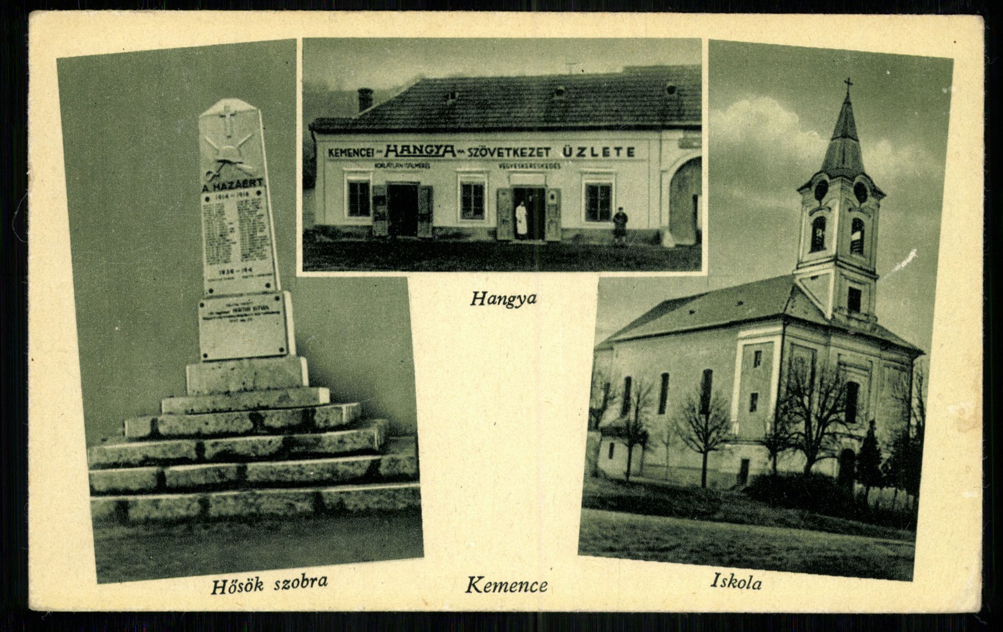 Kemence; Hangya; Hősök szobra; Iskola (Magyar Kereskedelmi és Vendéglátóipari Múzeum CC BY-NC-ND)