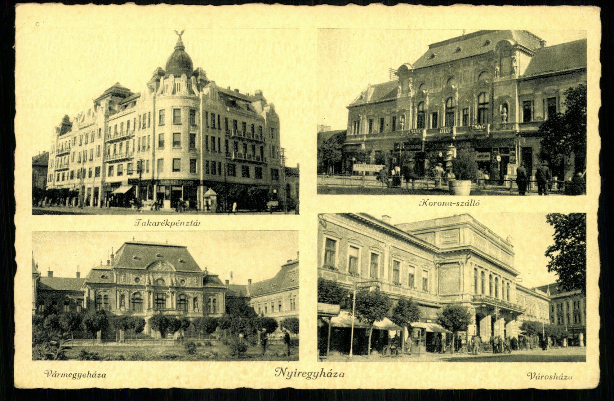 Nyíregyháza; Takarékpénztár; Korona szálló; Vármegyeháza; Városháza (Magyar Kereskedelmi és Vendéglátóipari Múzeum CC BY-NC-ND)