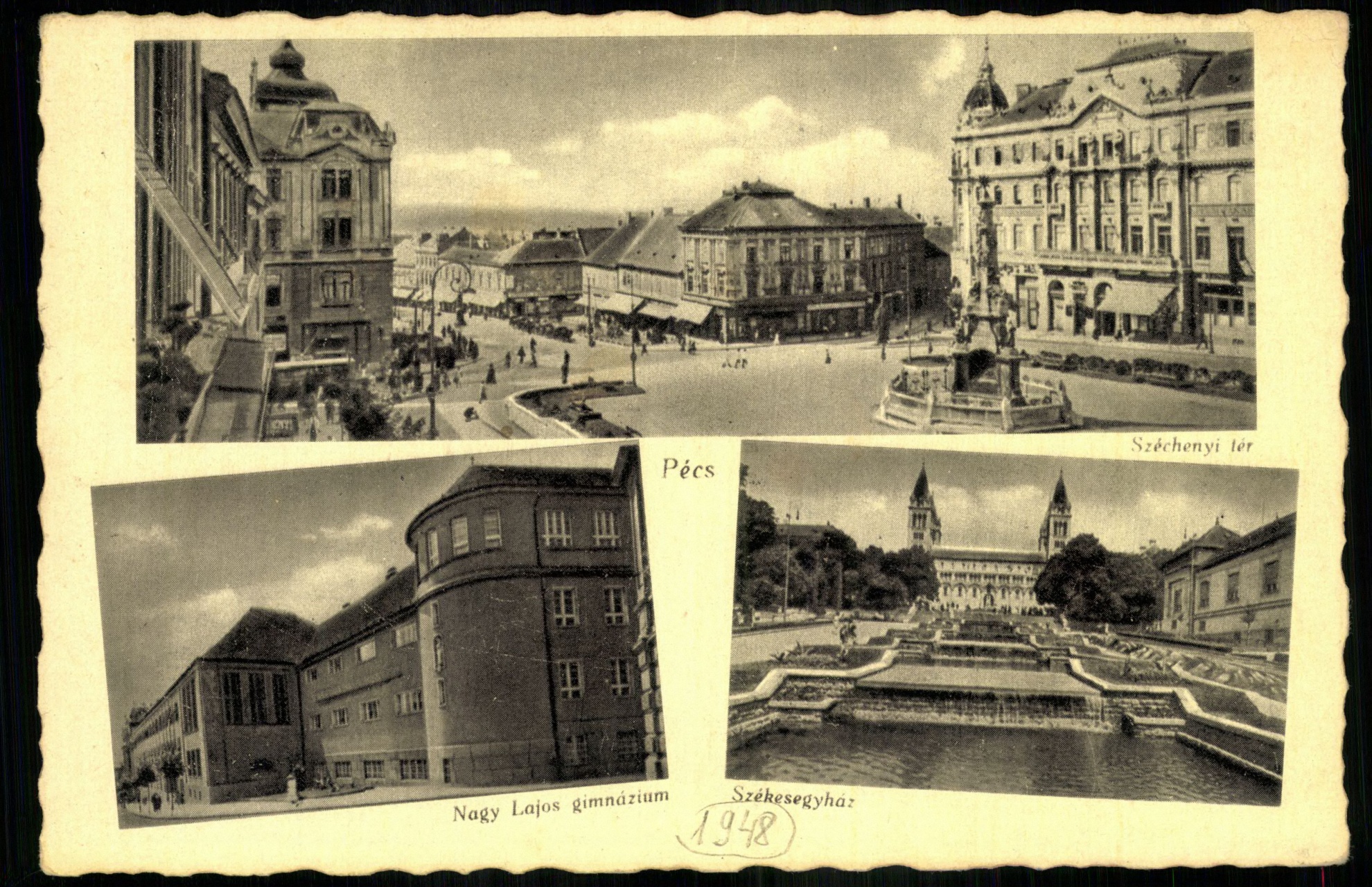 Pécs; Széchenyi tér; Nagy Lajos gimnázium; Székesegyház (Magyar Kereskedelmi és Vendéglátóipari Múzeum CC BY-NC-ND)