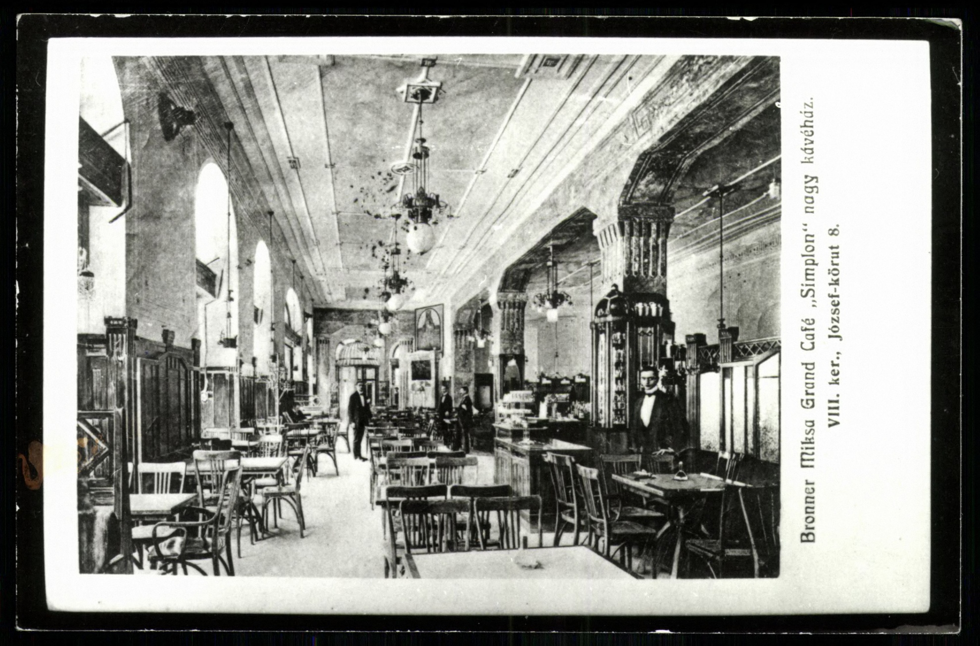 Bronner Miska Grand Café „Simplon” nagy kávéház. VIII., József körút 8. (Magyar Kereskedelmi és Vendéglátóipari Múzeum CC BY-NC-ND)