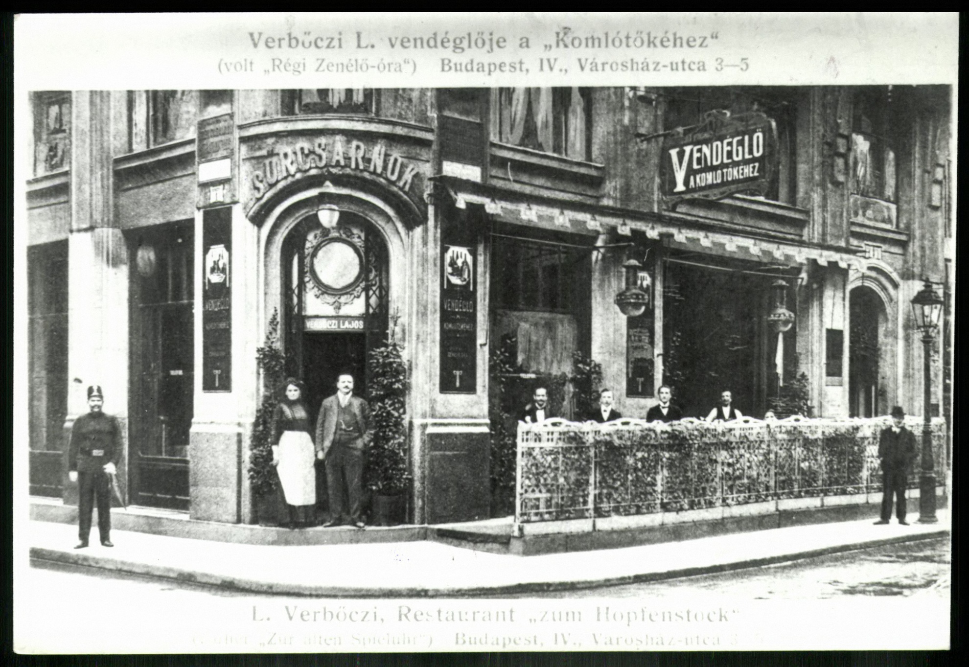 Verbőczi L. vendéglője a „Komlótőké”-hez (volt „Régi Zenélő-óra”) Budapest, IV., Városház u. 3-5. (Magyar Kereskedelmi és Vendéglátóipari Múzeum CC BY-NC-ND)
