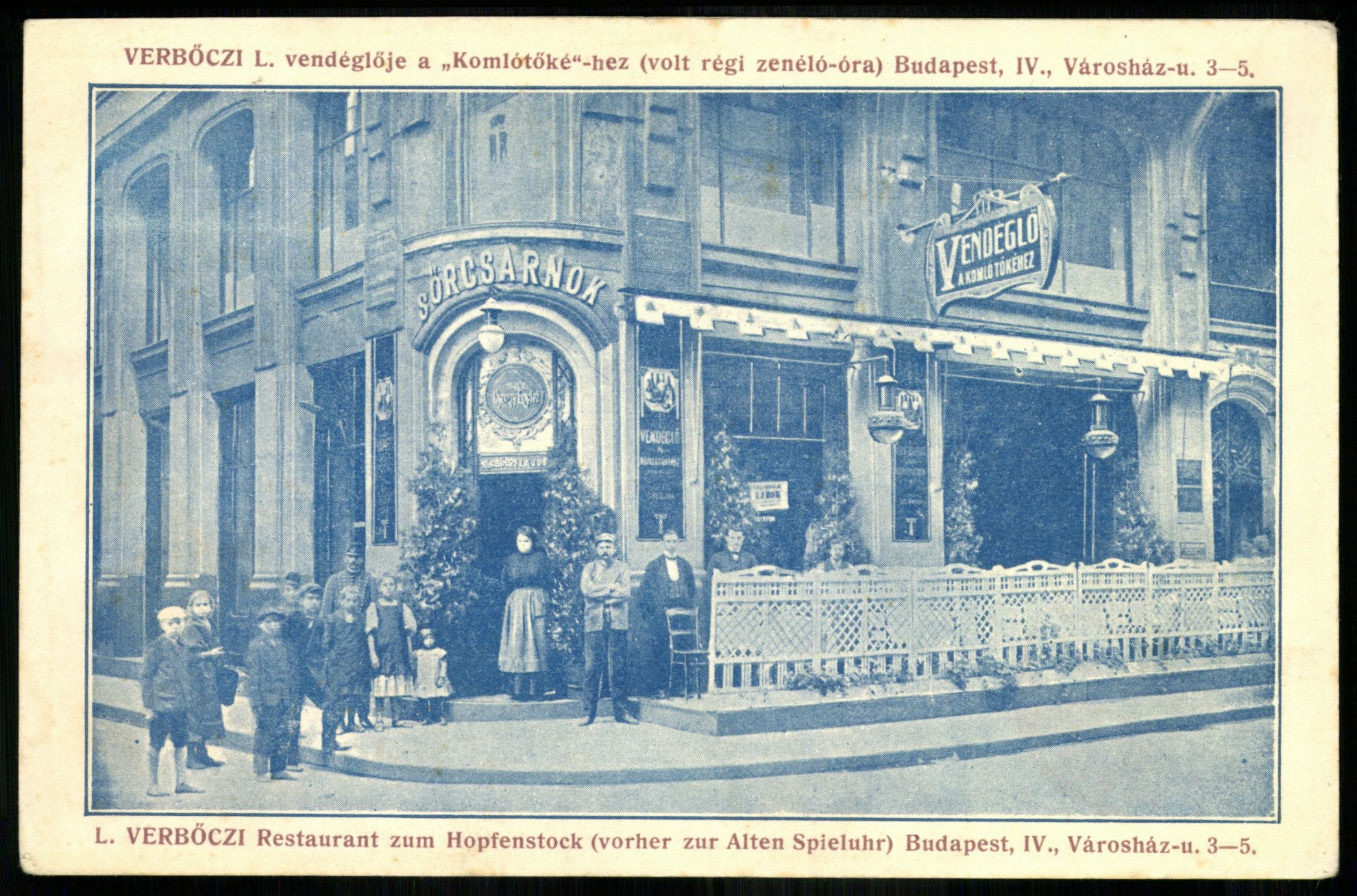 Verbőczi L. vendéglője a „Komlótőké”-hez (volt régi zenélő-óra) Budapest, IV., Városház u. 3-5. (Magyar Kereskedelmi és Vendéglátóipari Múzeum CC BY-NC-ND)