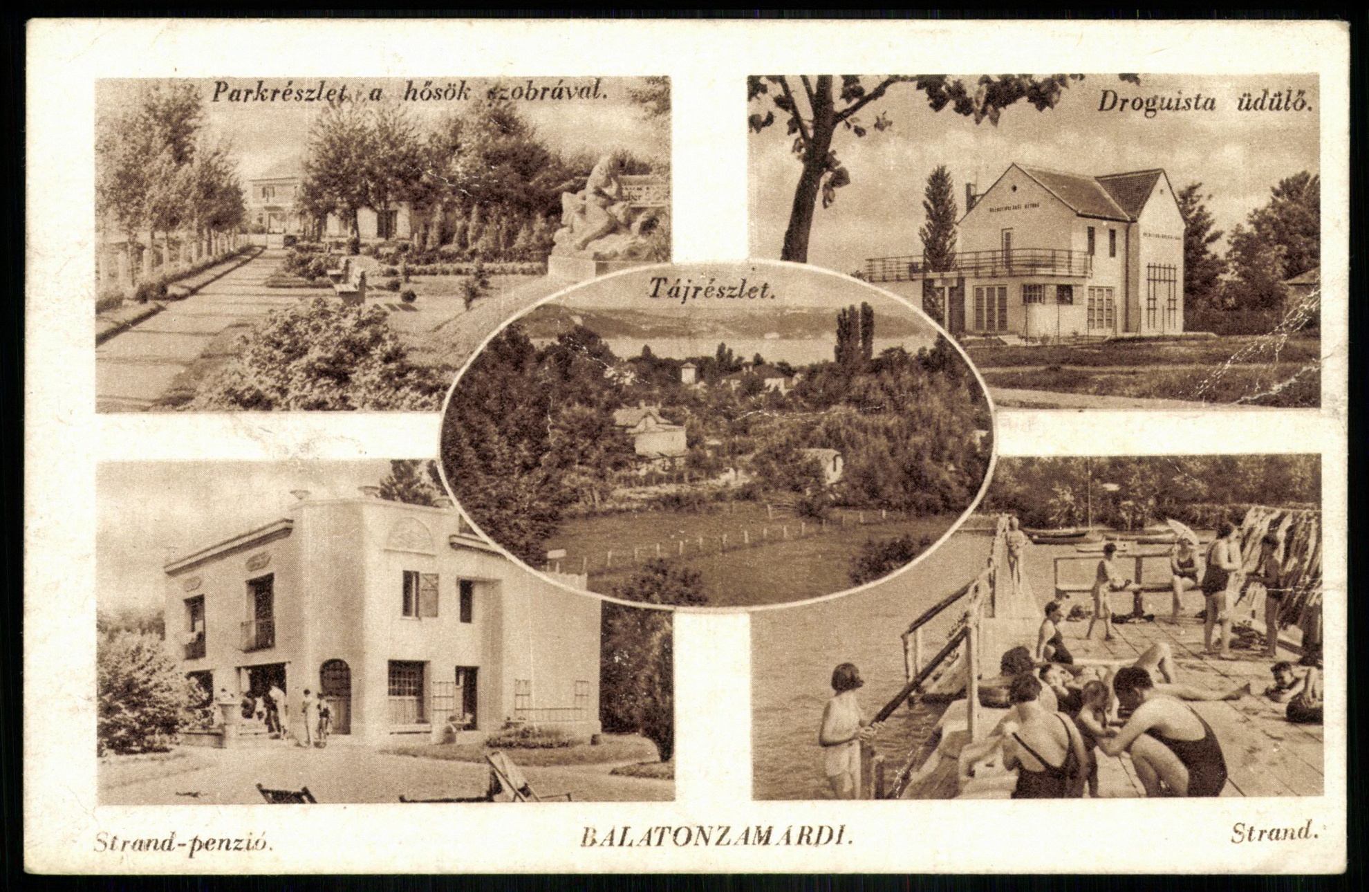 Balatonzamárdi Parkrészlet a hősök szobrával, Drougista üdülő, Strand-penzió, Strand, Tájrészlet (Magyar Kereskedelmi és Vendéglátóipari Múzeum CC BY-NC-ND)