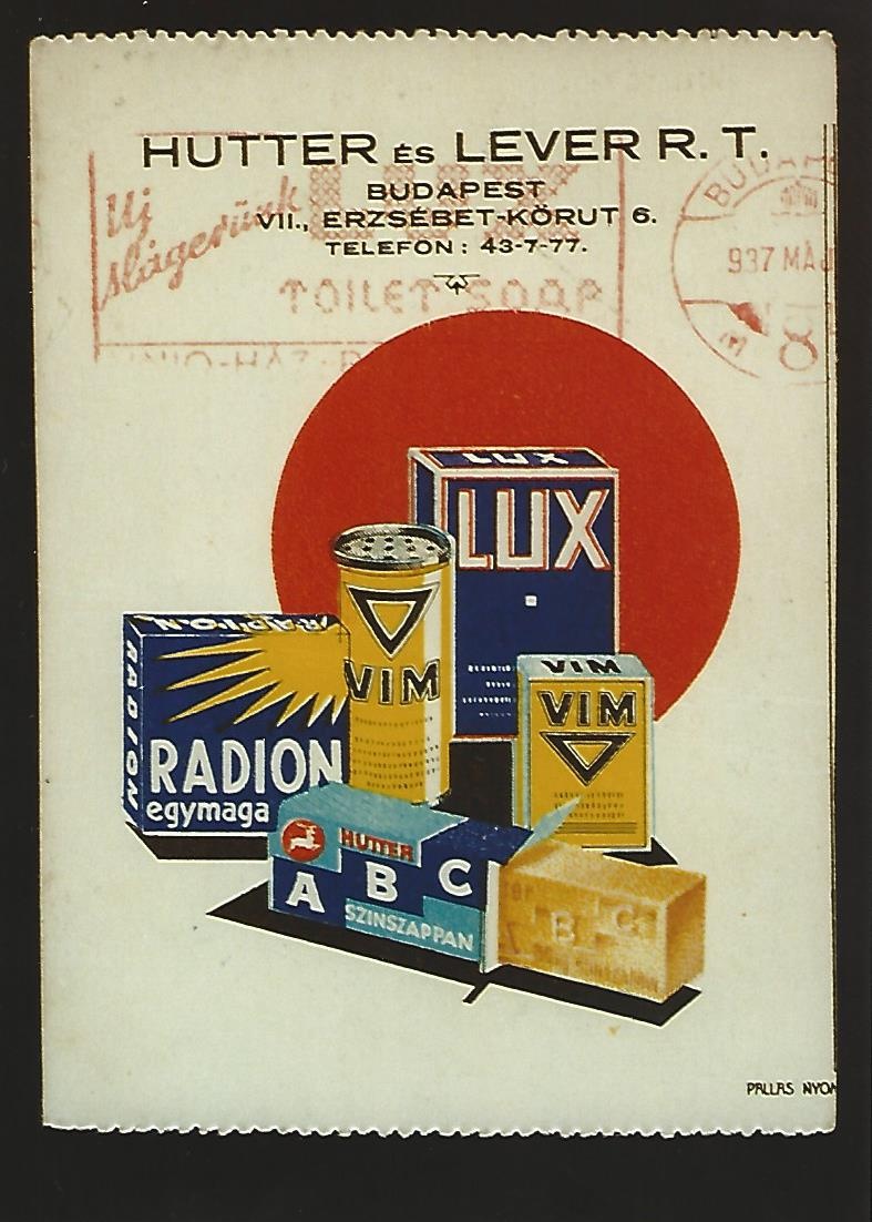 Reklámkép Hutter és Level R.T. Budapest 1937. (Magyar Kereskedelmi és Vendéglátóipari Múzeum CC BY-NC-ND)