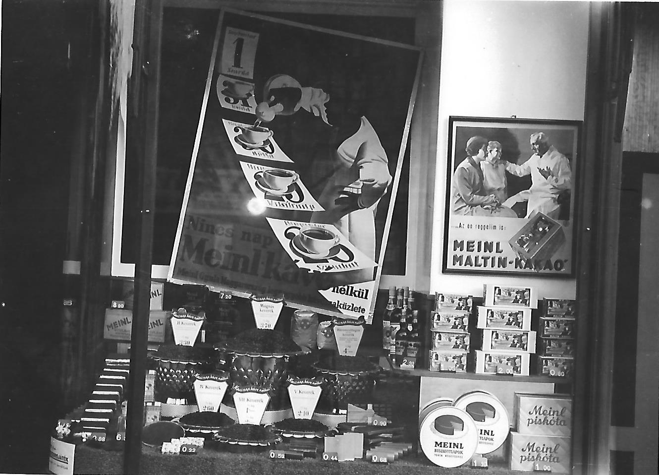 Meinl üzlet Szolnok 1938. (Magyar Kereskedelmi és Vendéglátóipari Múzeum CC BY-NC-ND)