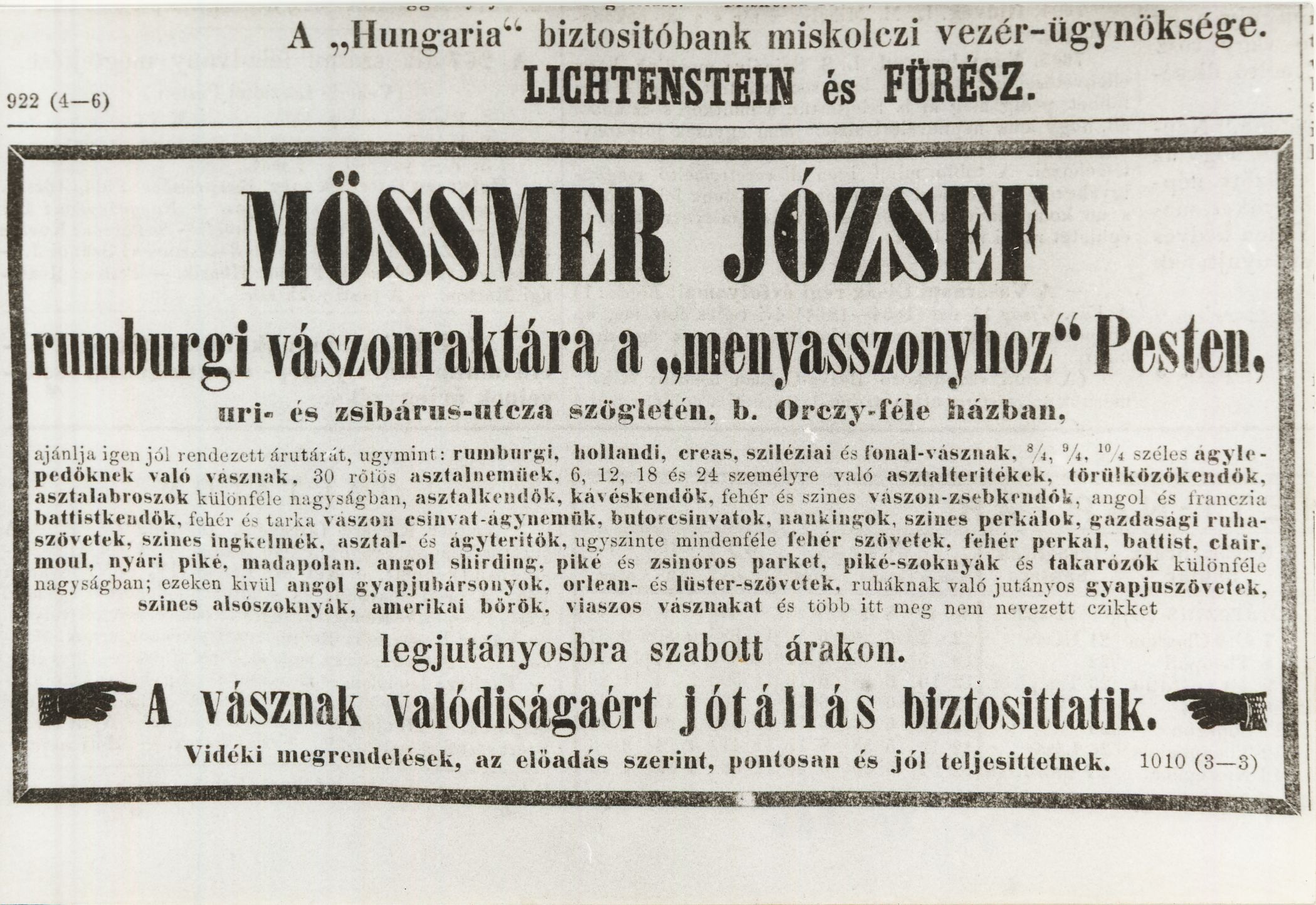 Mössmer József hirdetés (Magyar Kereskedelmi és Vendéglátóipari Múzeum CC BY-NC-ND)