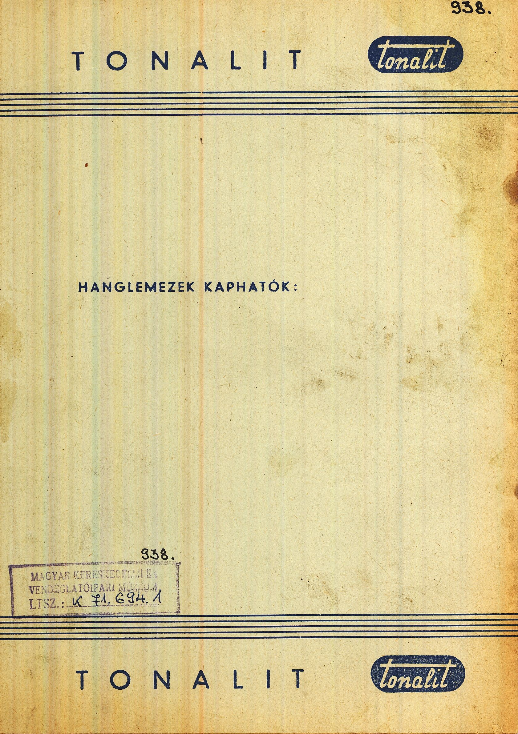 Tonalit Hanglemez árjegyzék (Magyar Kereskedelmi és Vendéglátóipari Múzeum CC BY-NC-SA)