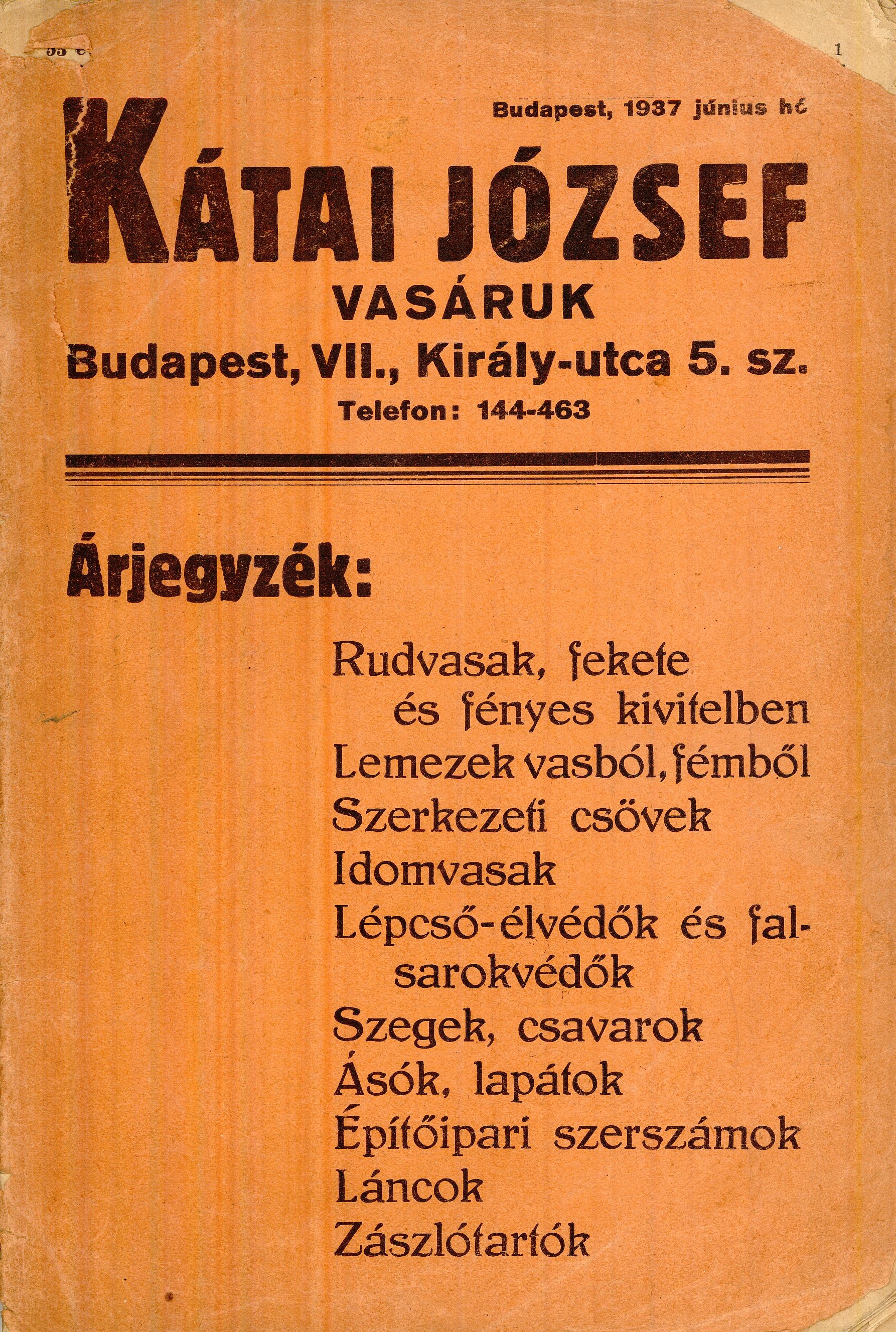 Kátai József árjegyzék (Magyar Kereskedelmi és Vendéglátóipari Múzeum CC BY-NC-SA)