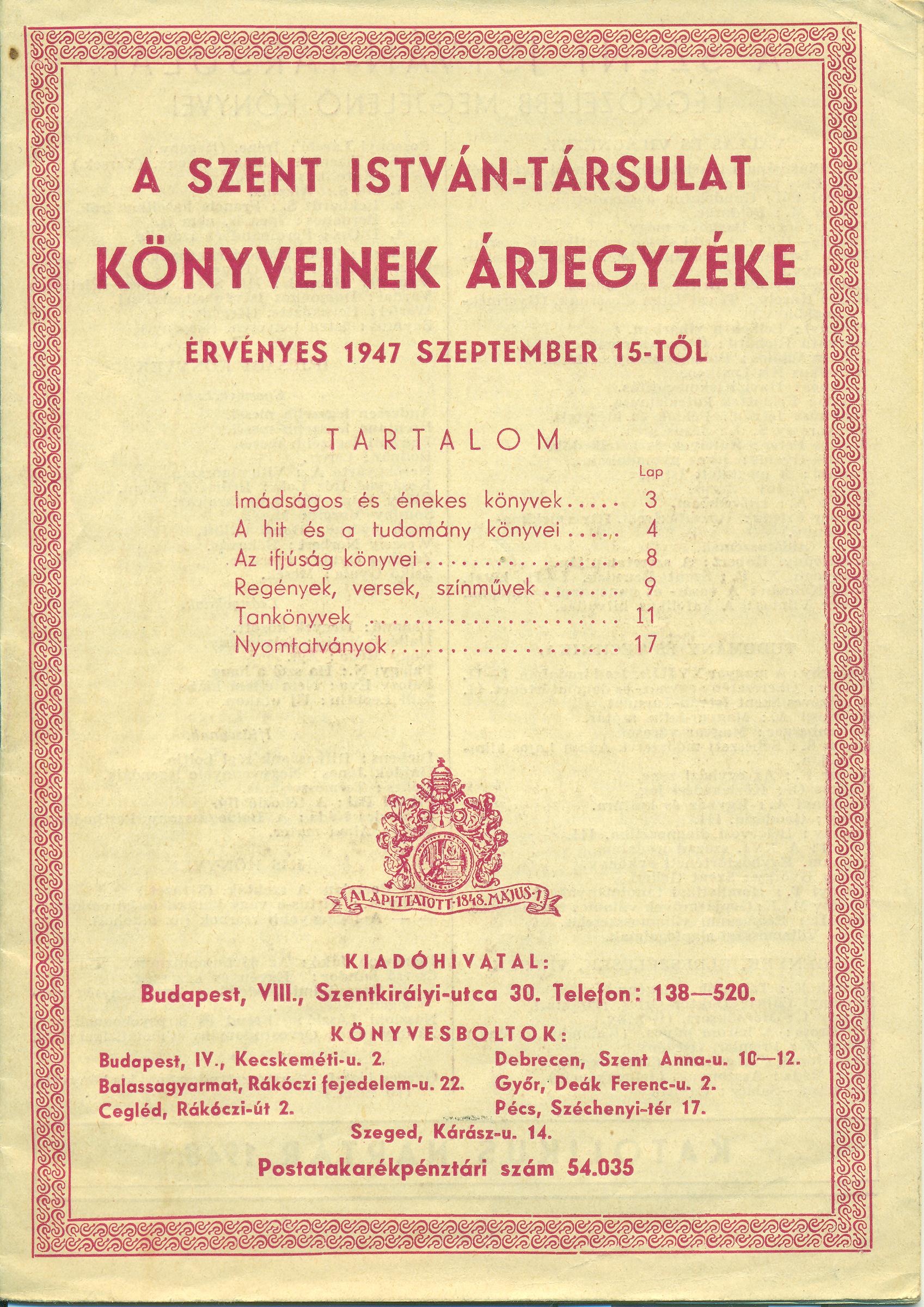 A Szent István-Társulat könyveinek árjegyzéke (Magyar Kereskedelmi és Vendéglátóipari Múzeum CC BY-NC-SA)