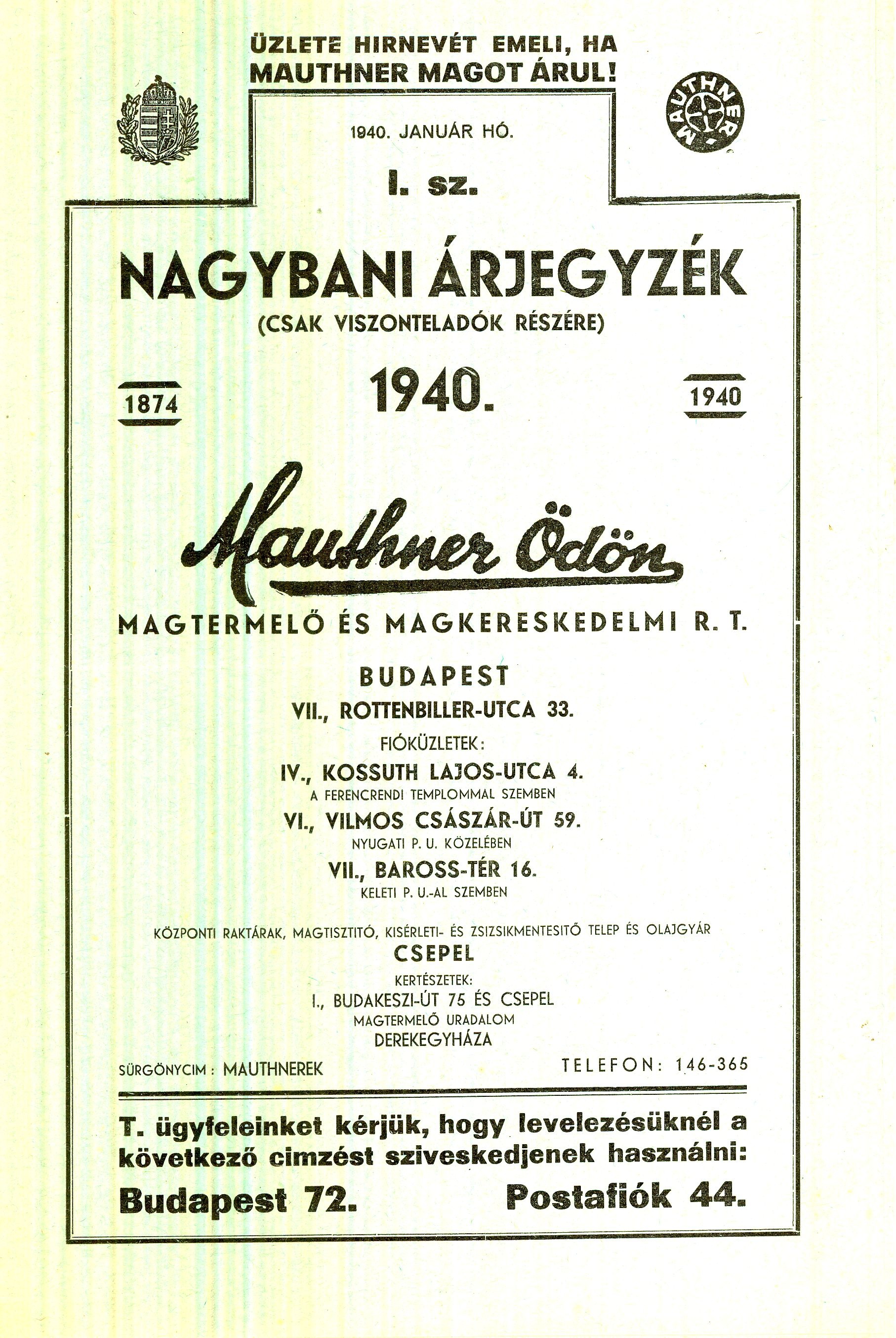 Mauthner árjegyzék (Magyar Kereskedelmi és Vendéglátóipari Múzeum CC BY-NC-SA)