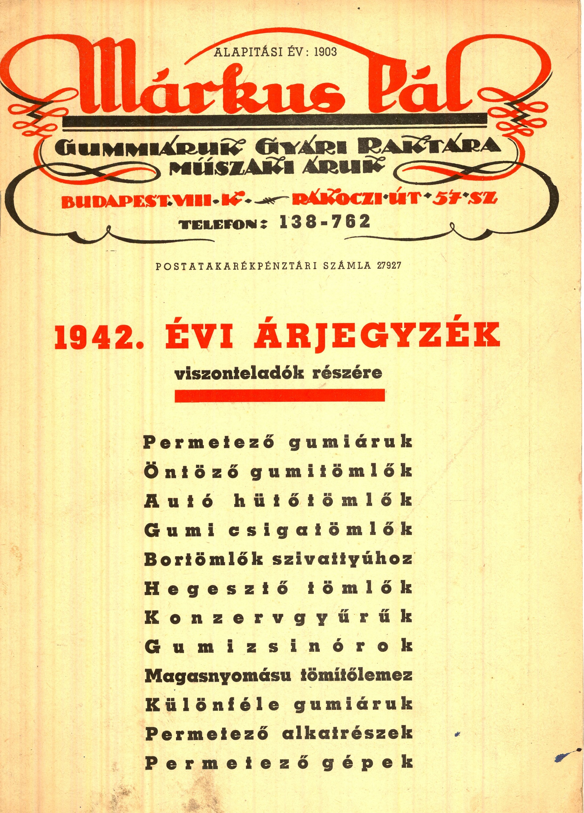 1942. ÉVI ÁRJEGYZÉK (Magyar Kereskedelmi és Vendéglátóipari Múzeum CC BY-NC-SA)
