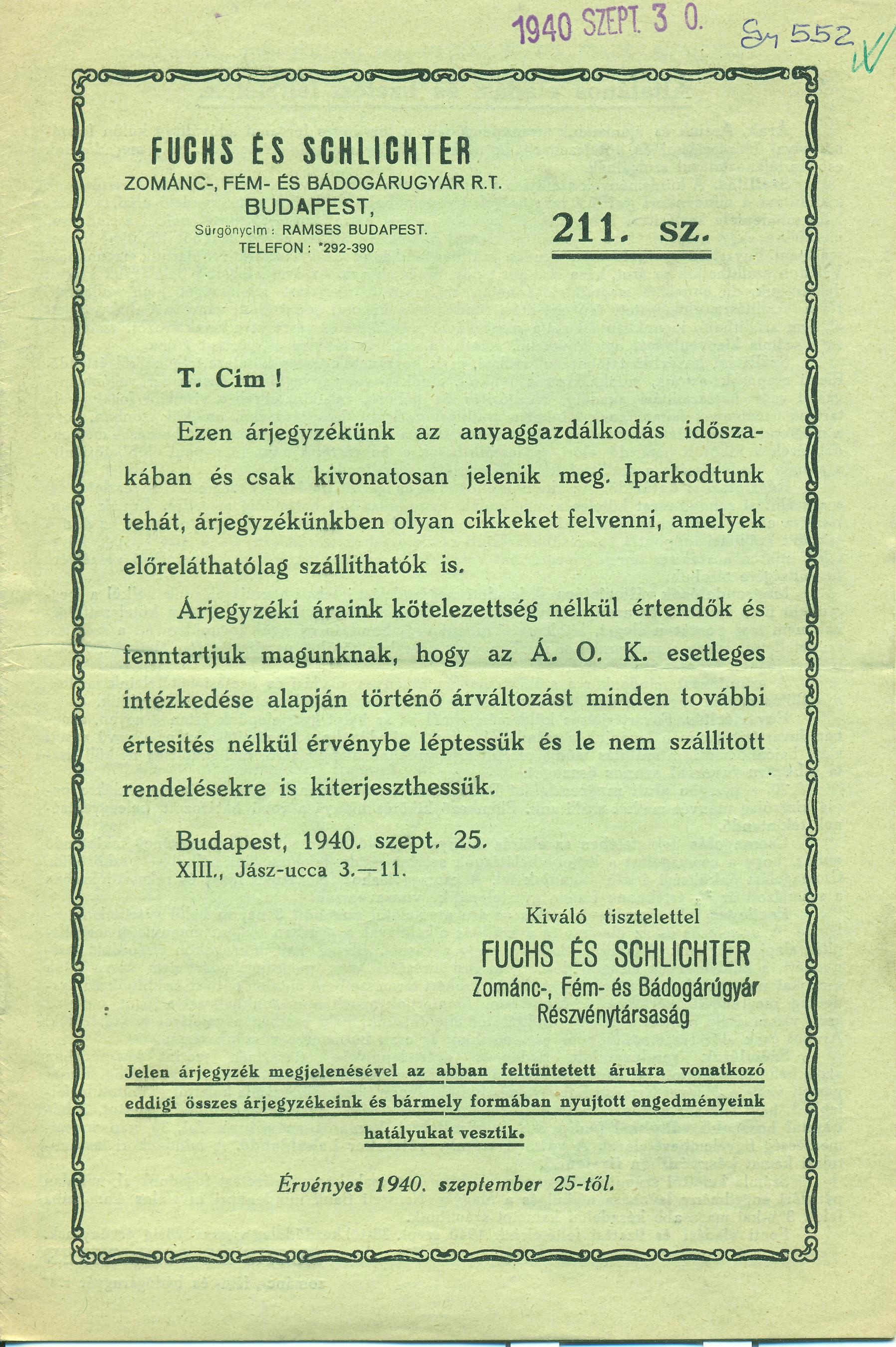 Fuchs és Schlichter árjegyzék (Magyar Kereskedelmi és Vendéglátóipari Múzeum CC BY-NC-SA)