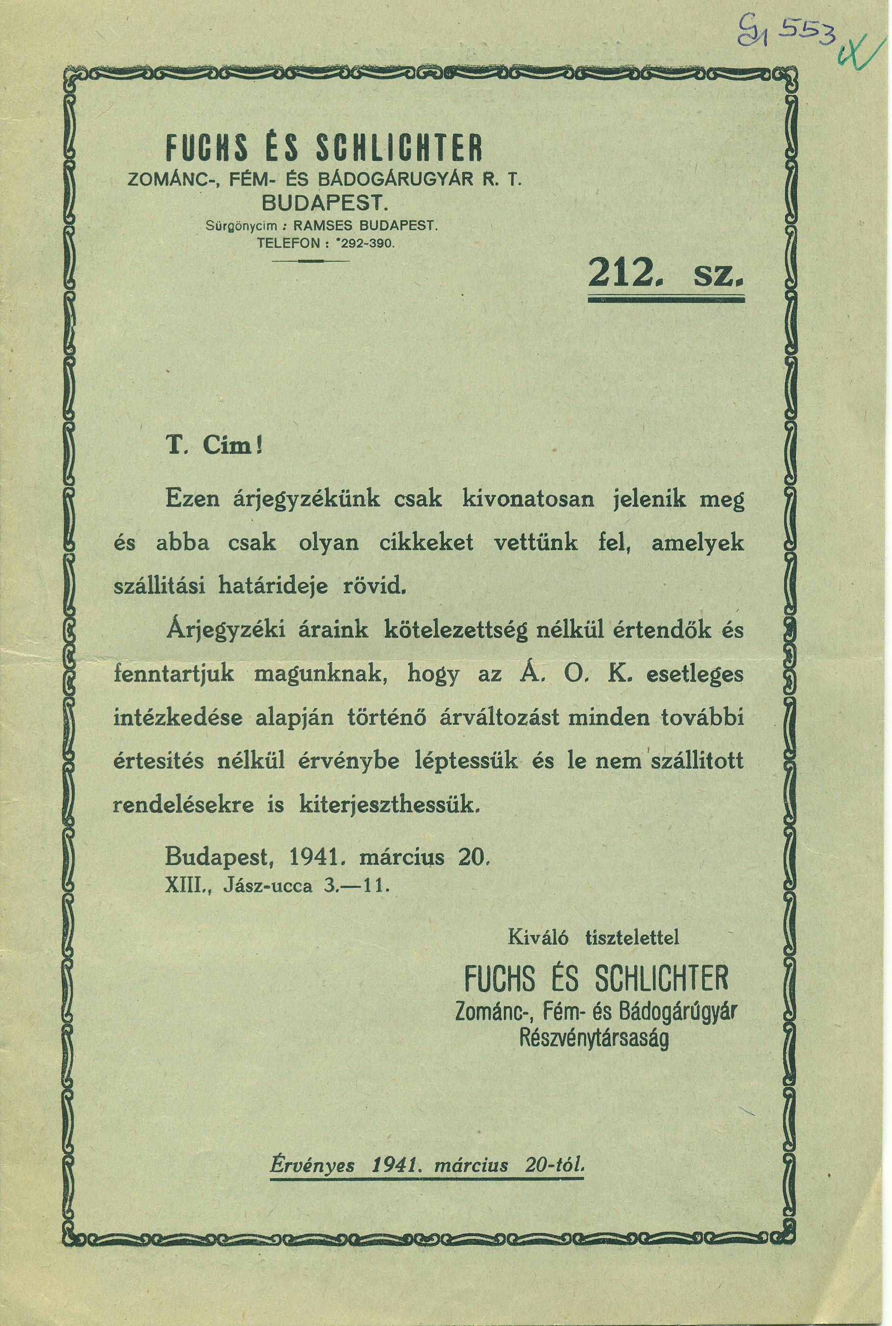 Fuchs és Schlichter árjegyzék (Magyar Kereskedelmi és Vendéglátóipari Múzeum CC BY-NC-SA)