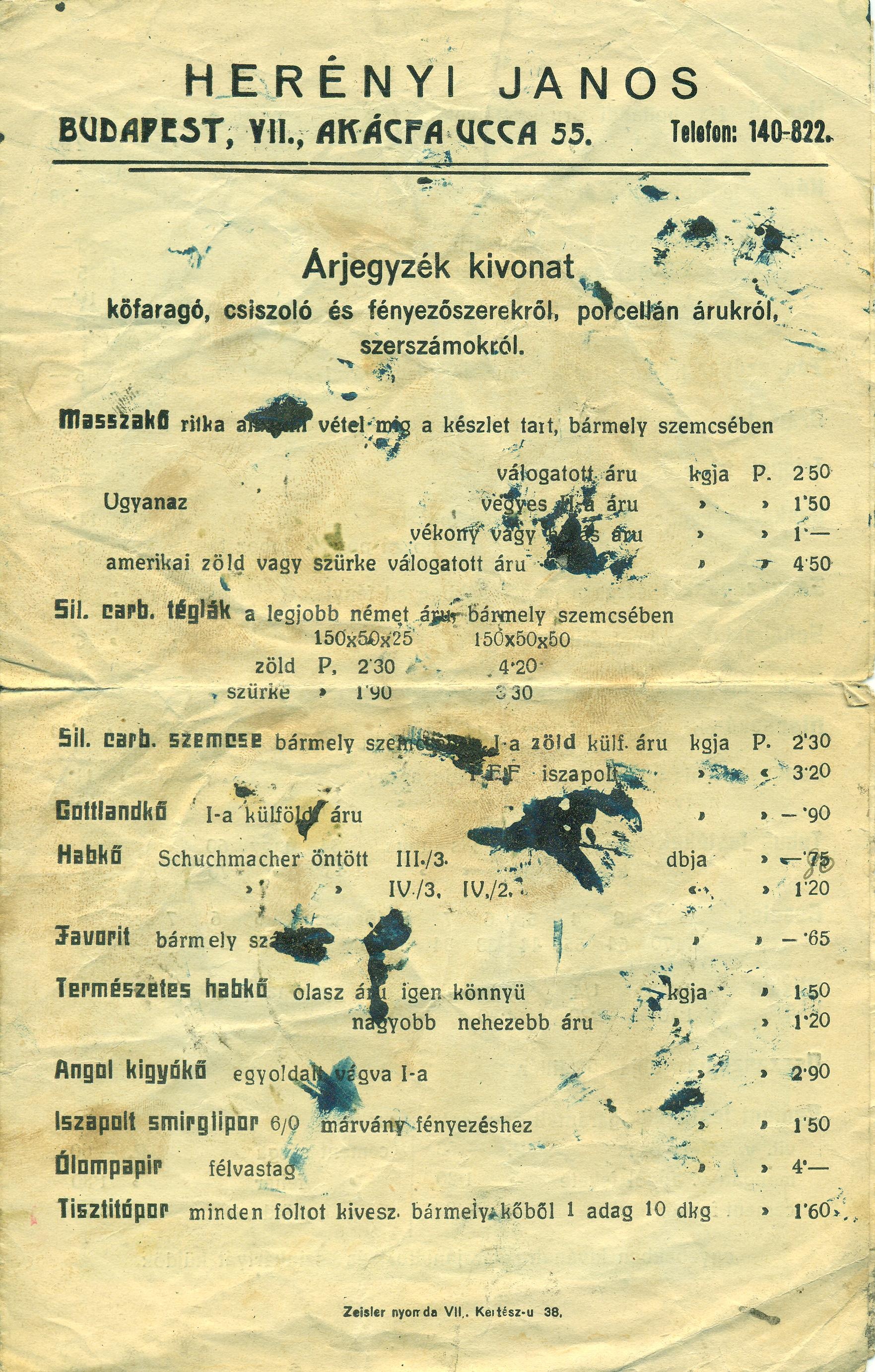 Árjegyzék kivonat kőfaragó, csiszoló és fényezőszerekről, porcellánárukról, szerszámokról (Magyar Kereskedelmi és Vendéglátóipari Múzeum CC BY-NC-SA)