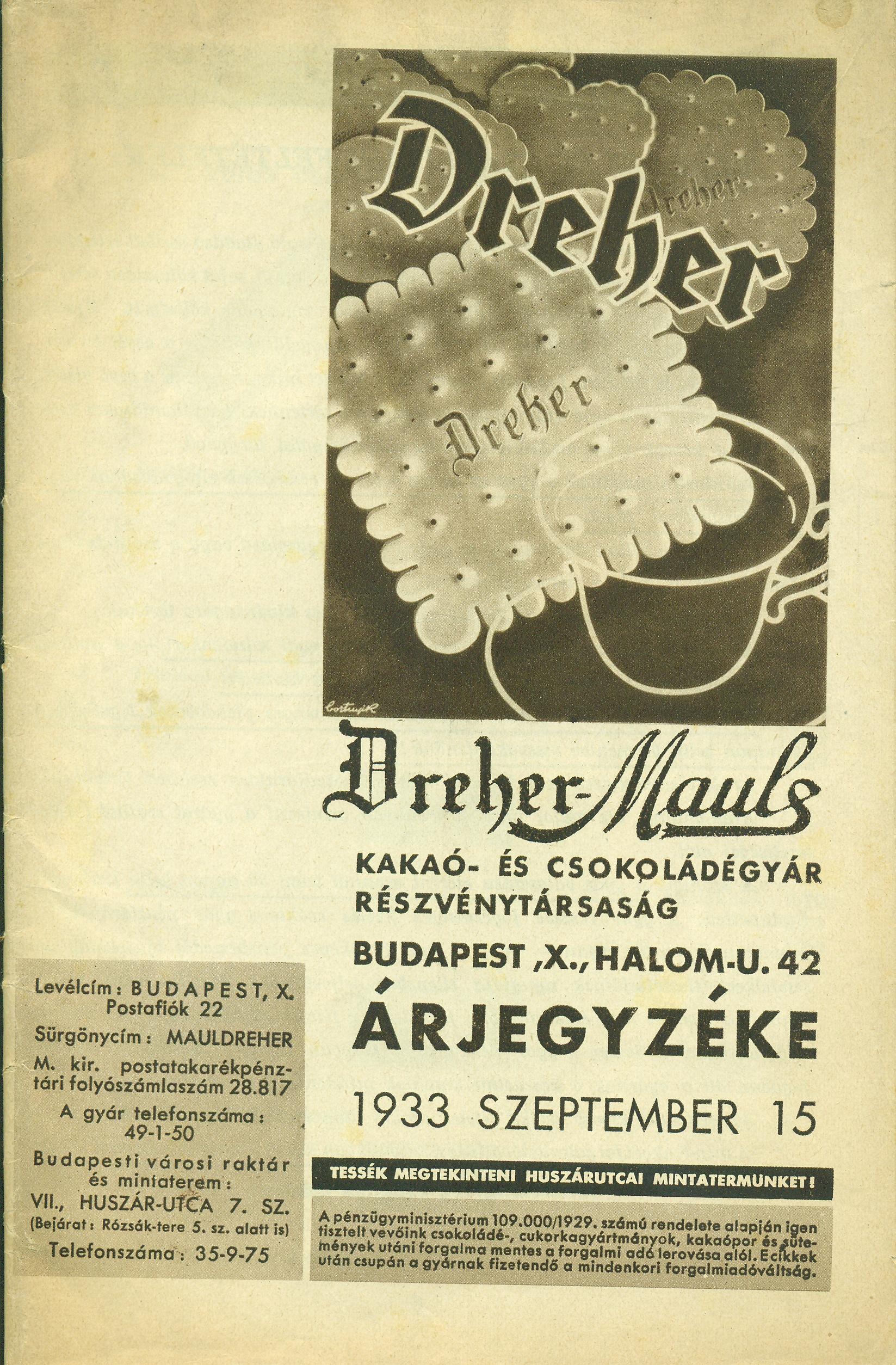 Dreher-Maule ÁRJEGYZÉKE (Magyar Kereskedelmi és Vendéglátóipari Múzeum CC BY-NC-SA)