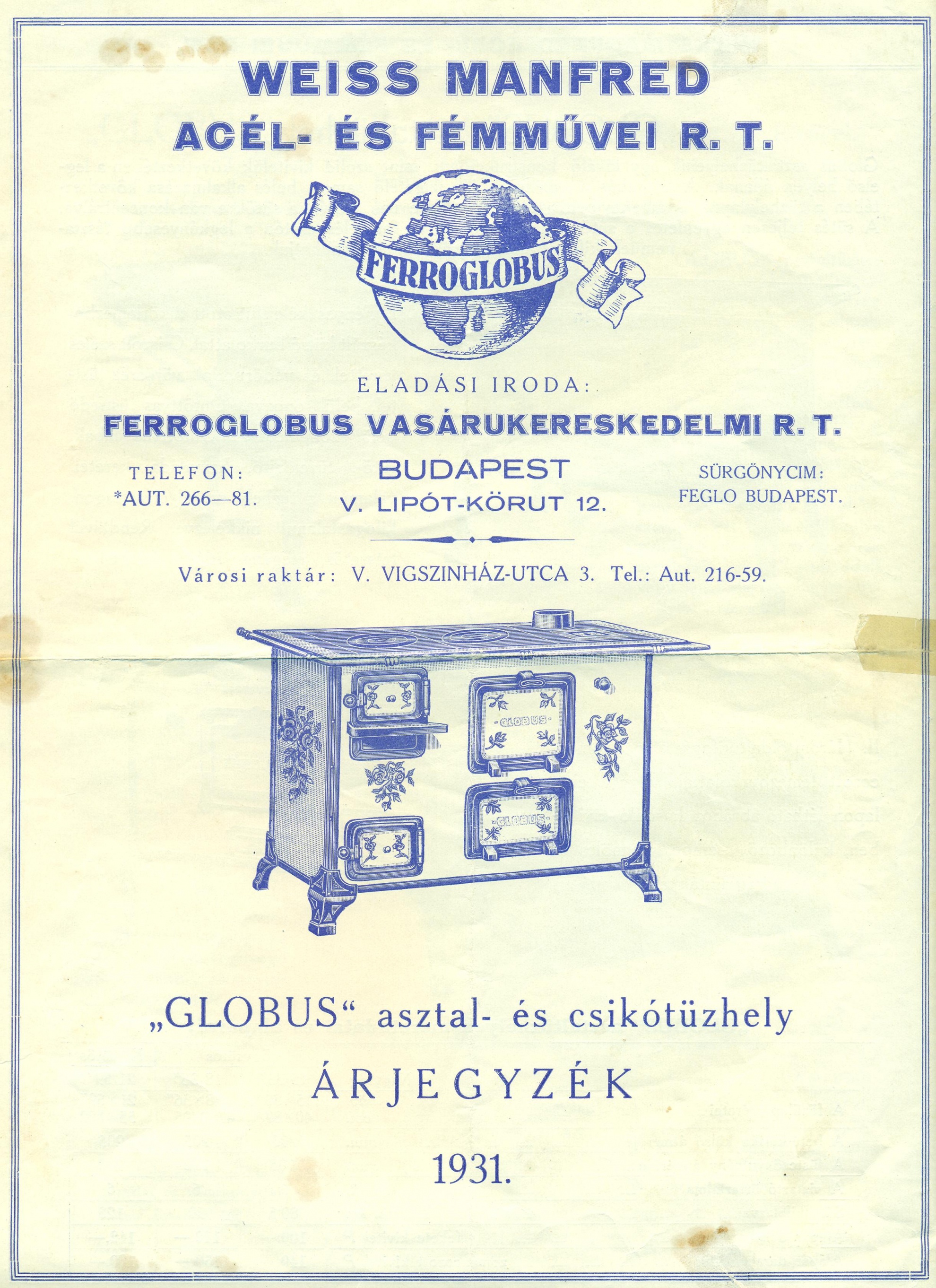 "GLOBUS" asztal- és csikótüzhely ÁRJEGYZÉK (Magyar Kereskedelmi és Vendéglátóipari Múzeum CC BY-NC-SA)