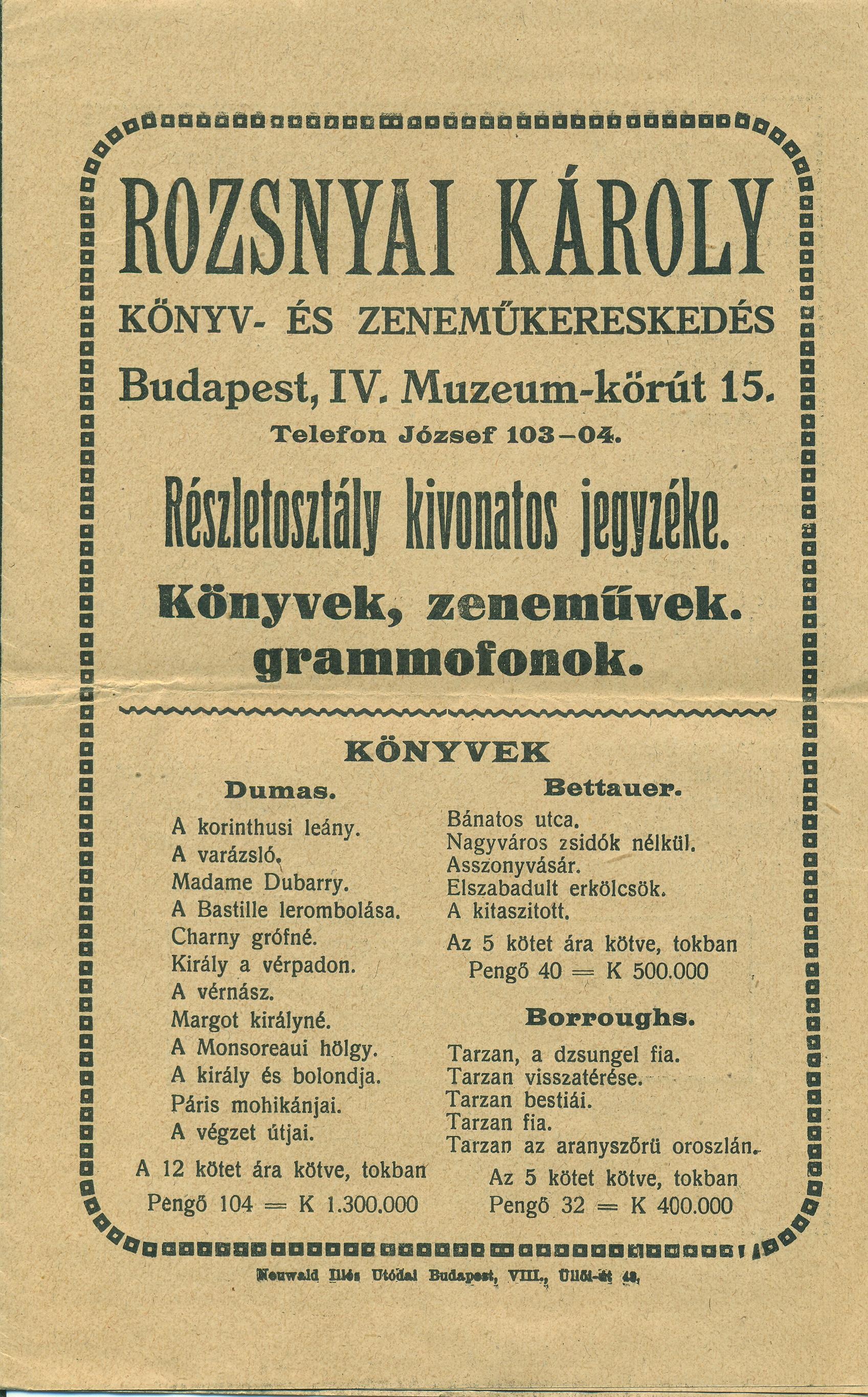 ROZSNYAI KÁROLY árjegyzéke (Magyar Kereskedelmi és Vendéglátóipari Múzeum CC BY-NC-SA)