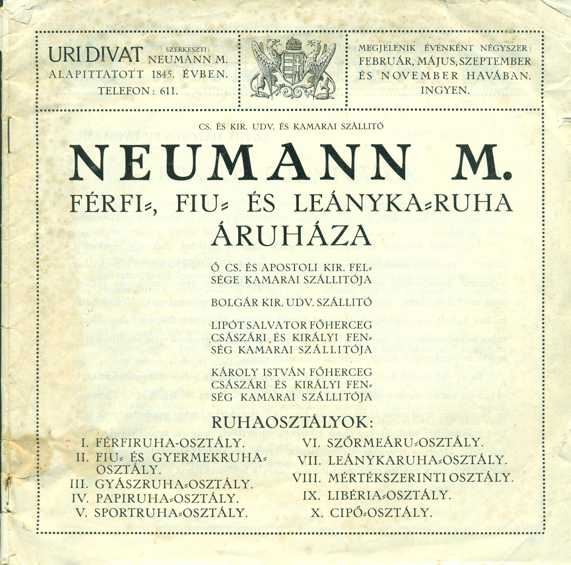 NEUMANN M. úri divat árjegyzéke (Magyar Kereskedelmi és Vendéglátóipari Múzeum CC BY-NC-SA)