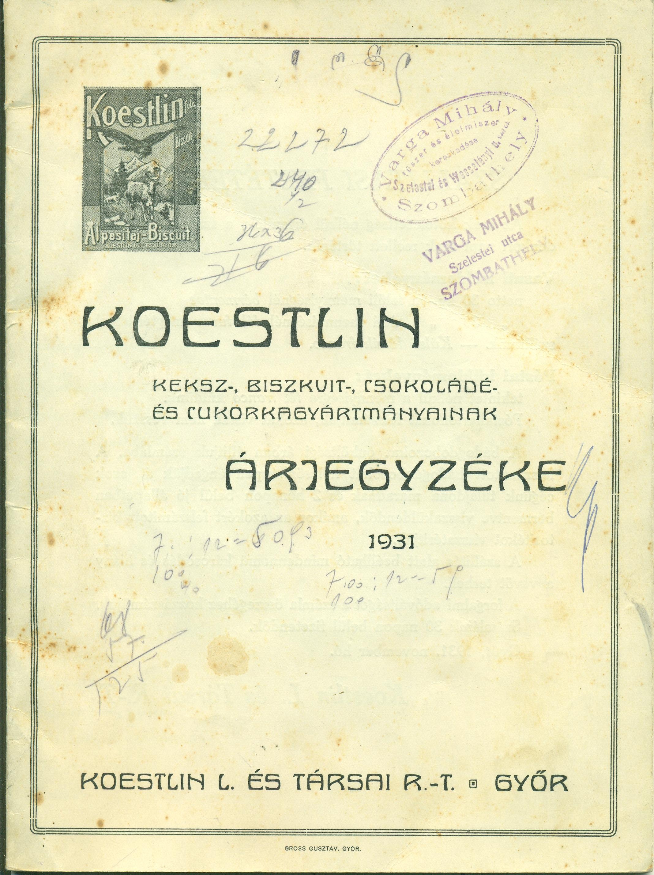 KOESTLIN ÁRJEGYZÉKE (Magyar Kereskedelmi és Vendéglátóipari Múzeum CC BY-NC-SA)