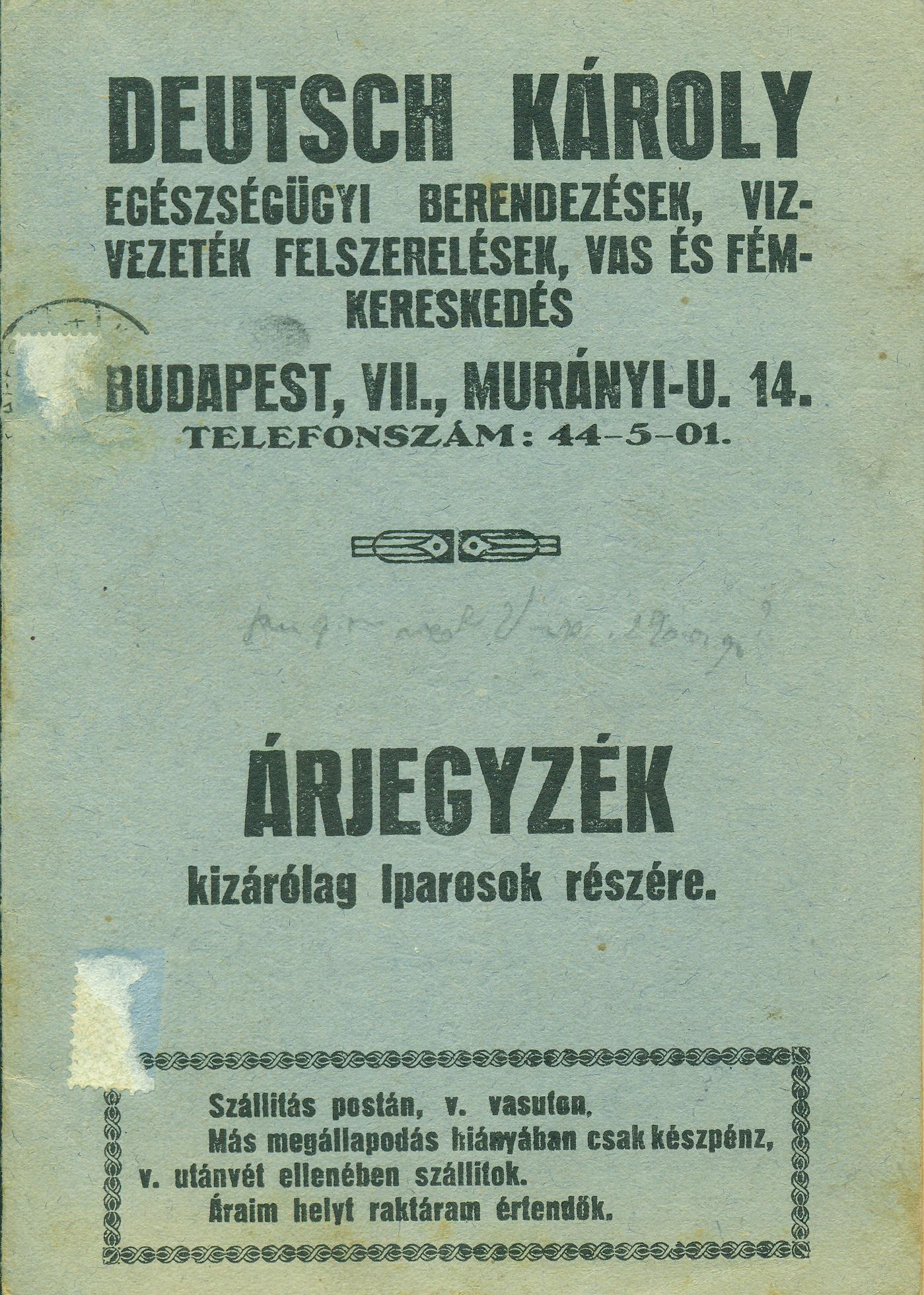 Deutsch Károly árjegyzék (Magyar Kereskedelmi és Vendéglátóipari Múzeum CC BY-NC-SA)