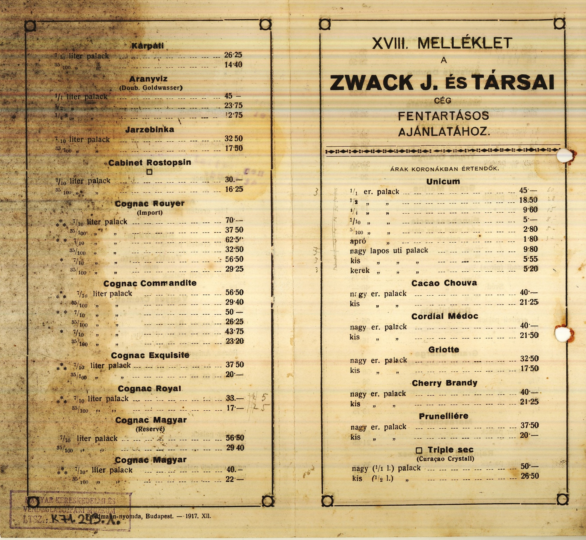 Zwack árjegyzék (Magyar Kereskedelmi és Vendéglátóipari Múzeum CC BY-NC-SA)