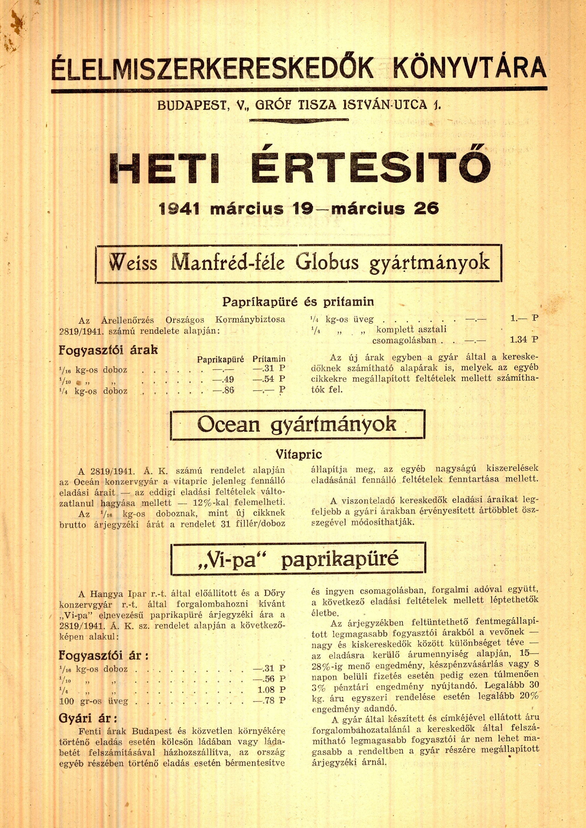 Élelmiszerkereskedők Heti Értesítője (Magyar Kereskedelmi és Vendéglátóipari Múzeum CC BY-NC-SA)
