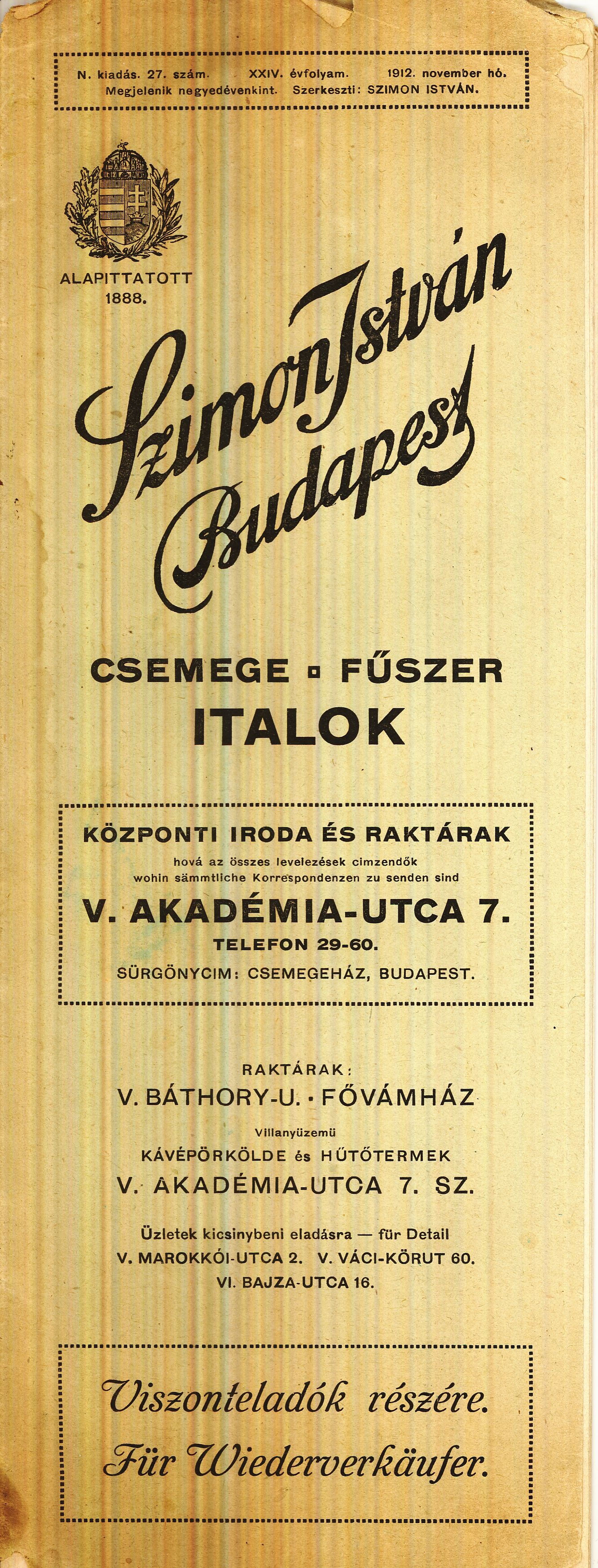 Szimon István árjegyzék (Magyar Kereskedelmi és Vendéglátóipari Múzeum CC BY-NC-SA)