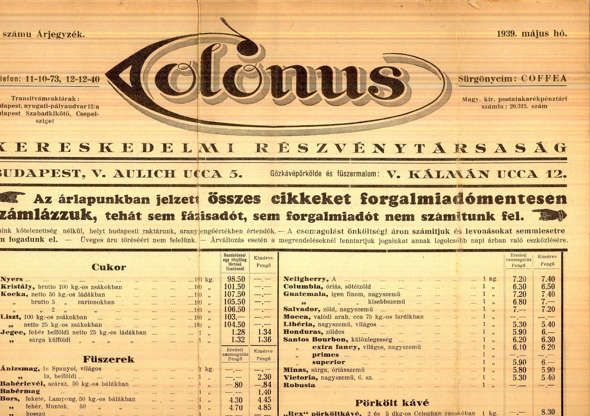 Colonus árjegyzék (Magyar Kereskedelmi és Vendéglátóipari Múzeum CC BY-NC-SA)